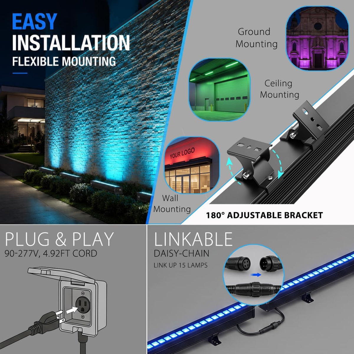 108W LED Wall Washer Lights- Linkable, 10x60° Beam-RGBW Color Changing