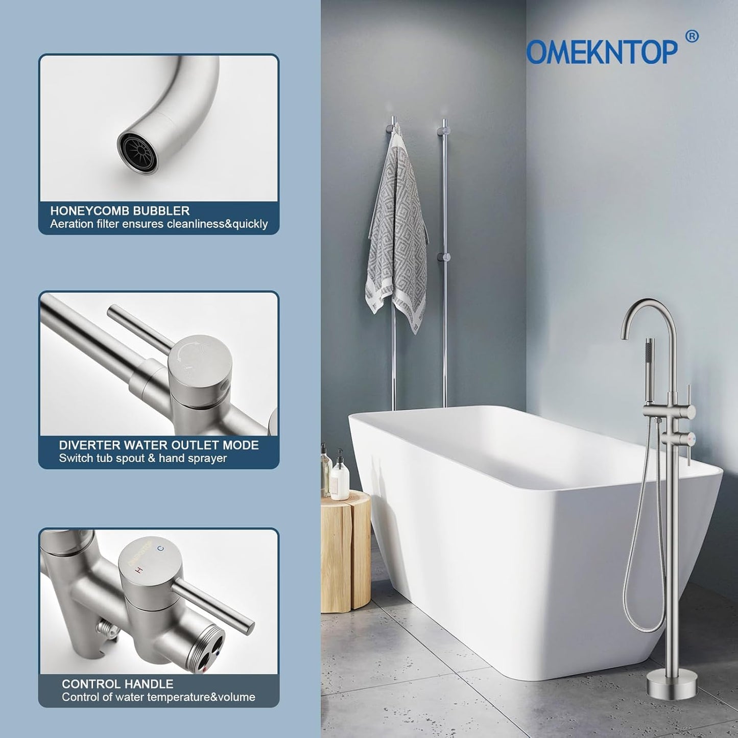 Freestanding Brush Nickel Brass Bathtub Filler with Handheld Shower