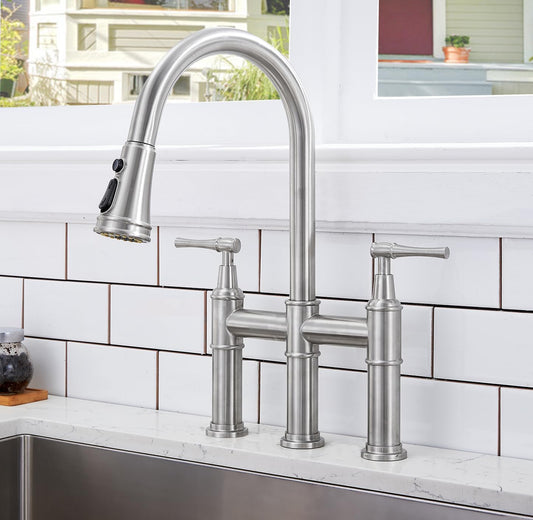 Brushed Nickel 3-Types Water Bridge Kitchen Faucet with Pull-Down Spray-head, 3 Hole Farmhouse Kitchen Sink Faucet