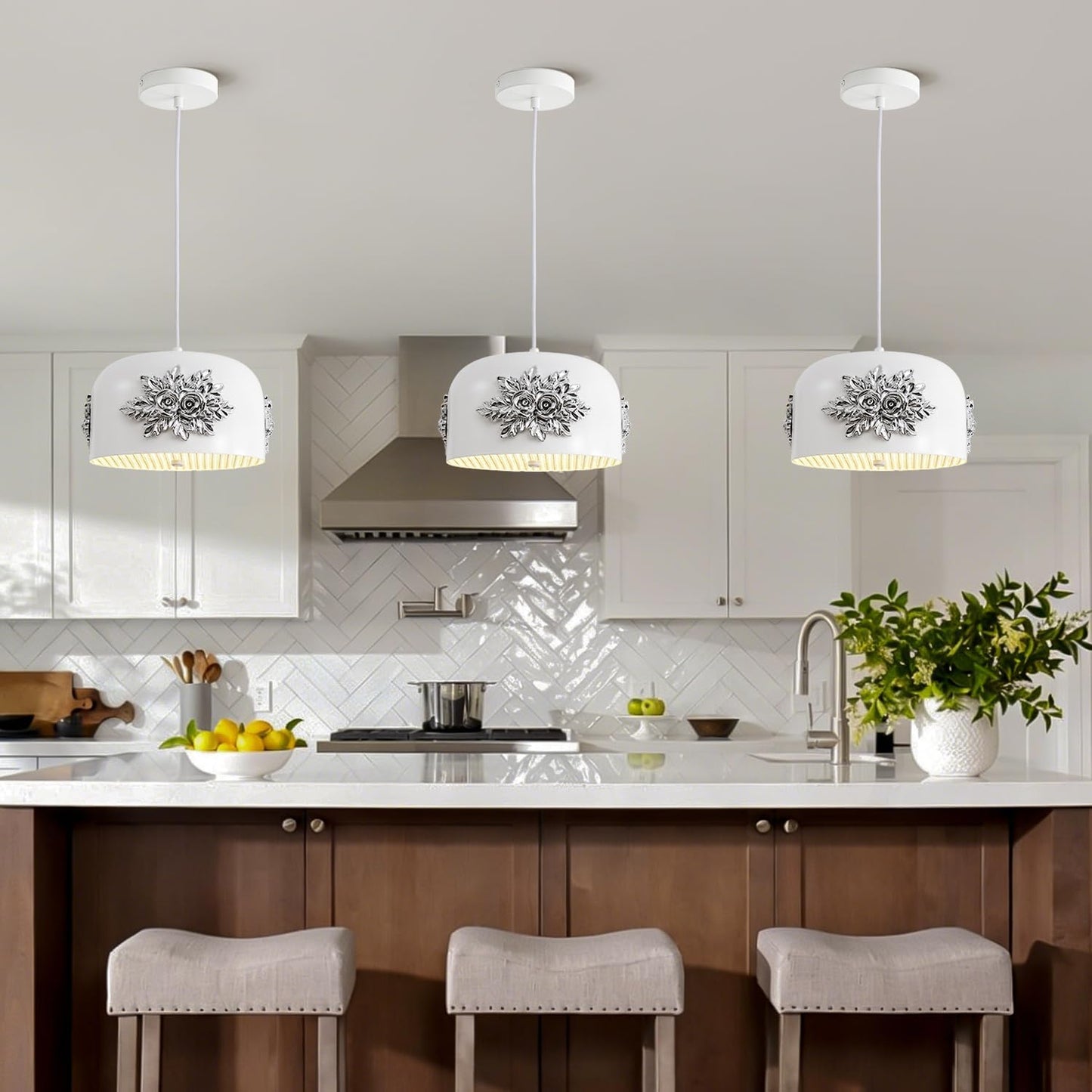 3-Light Silver Flower Pendant light,Modern Elegant Floral Kitchen Island chandelier small vintage Fixture 10.2-in Art Deco rose White drum-shaped Adjustable Hanging For Dining Room Hallway Entryway.