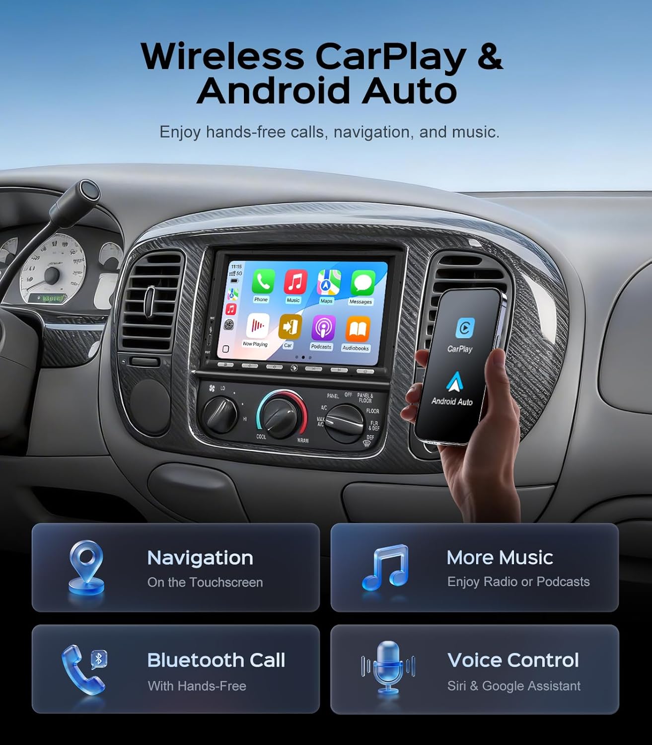 7" 2+32G Android Double Din Car Radio Stereo with Physical Button, CarPlay/Android Auto, 48B EQ&DSP, 4.1-Channel, Outputs 240W, SWC/Bluetooth/AM/FM/1080P Backup Camera