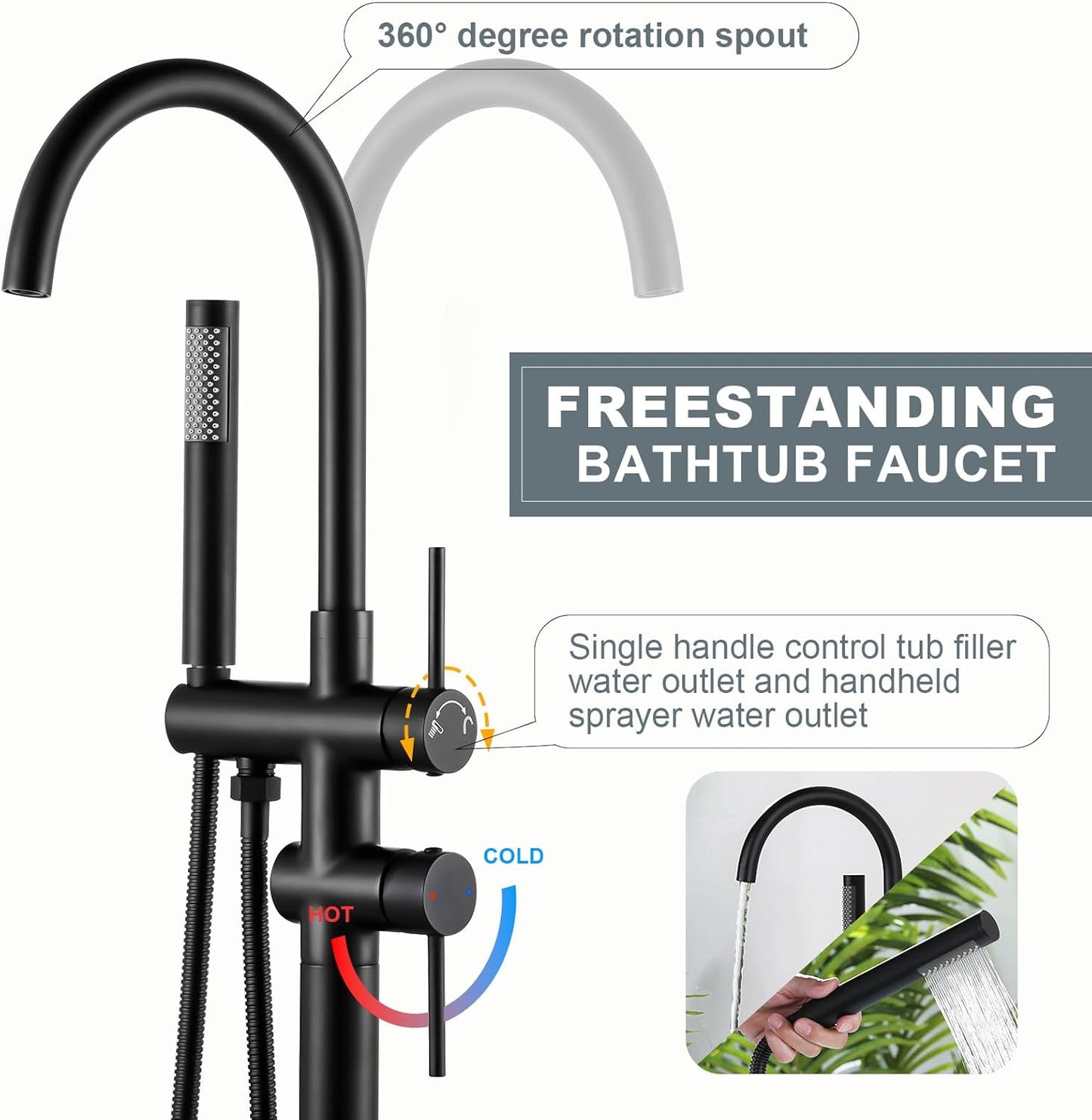 Freestanding Tub Filler Faucet, Floor Mount Matte Black Bathtub Faucet with Single Handheld Shower for Bathroom, Brass Shower Tub Faucet Set