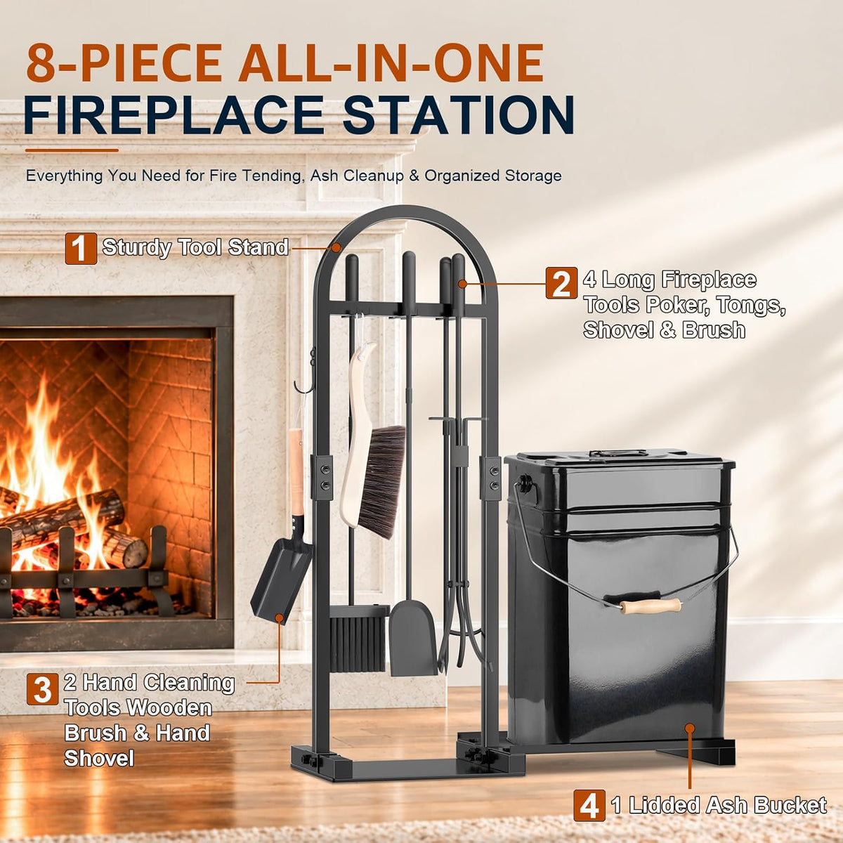 FUQUN 8-Piece Fireplace Tool Set with Stand and 7.2-Gallon Ash Bucket