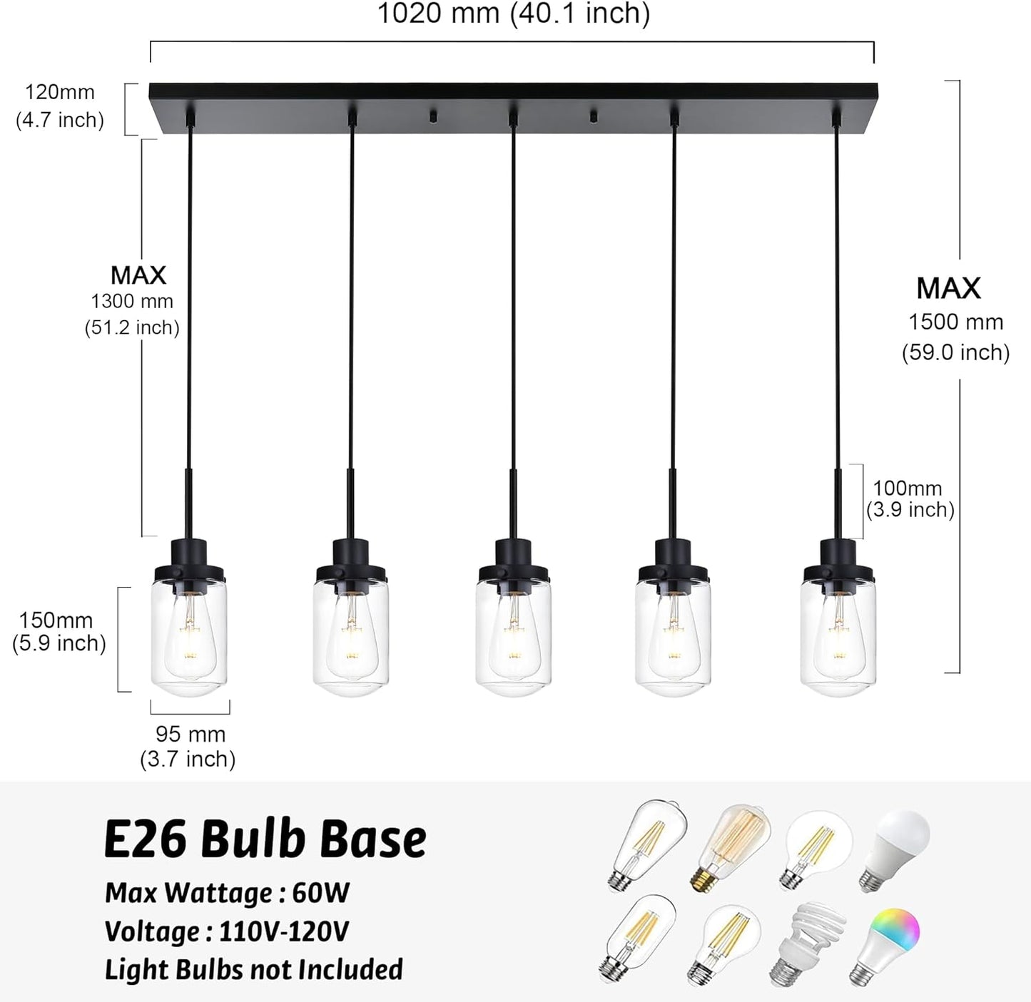 5-Light Dining Room Light Fixtures Hanging Linear Chandeliers for Dining Room, Farmhouse Black with Glass Shades