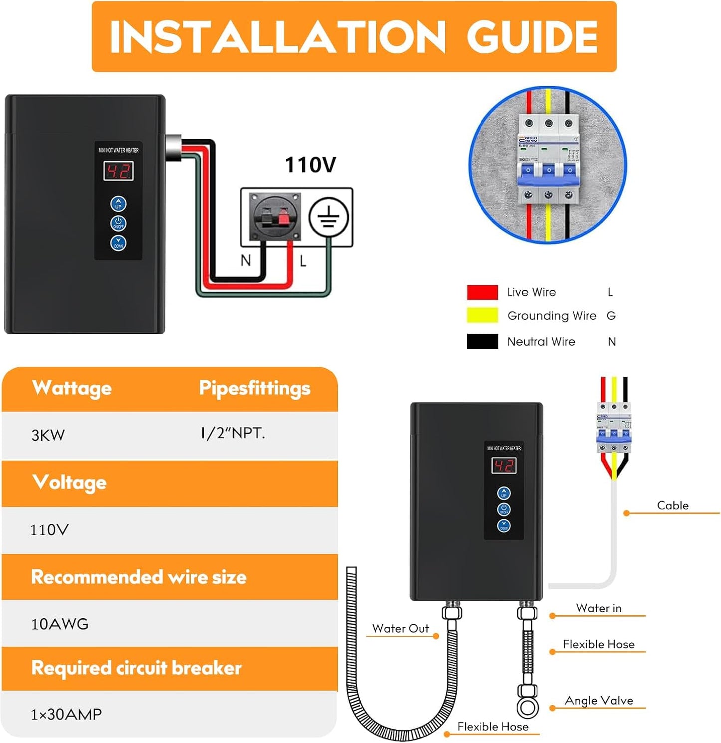 Antuony 5000W Tankless Electric Water Heater,220V Under Sink On Demand Instant Hot Water Heater With Remote Control,LCD