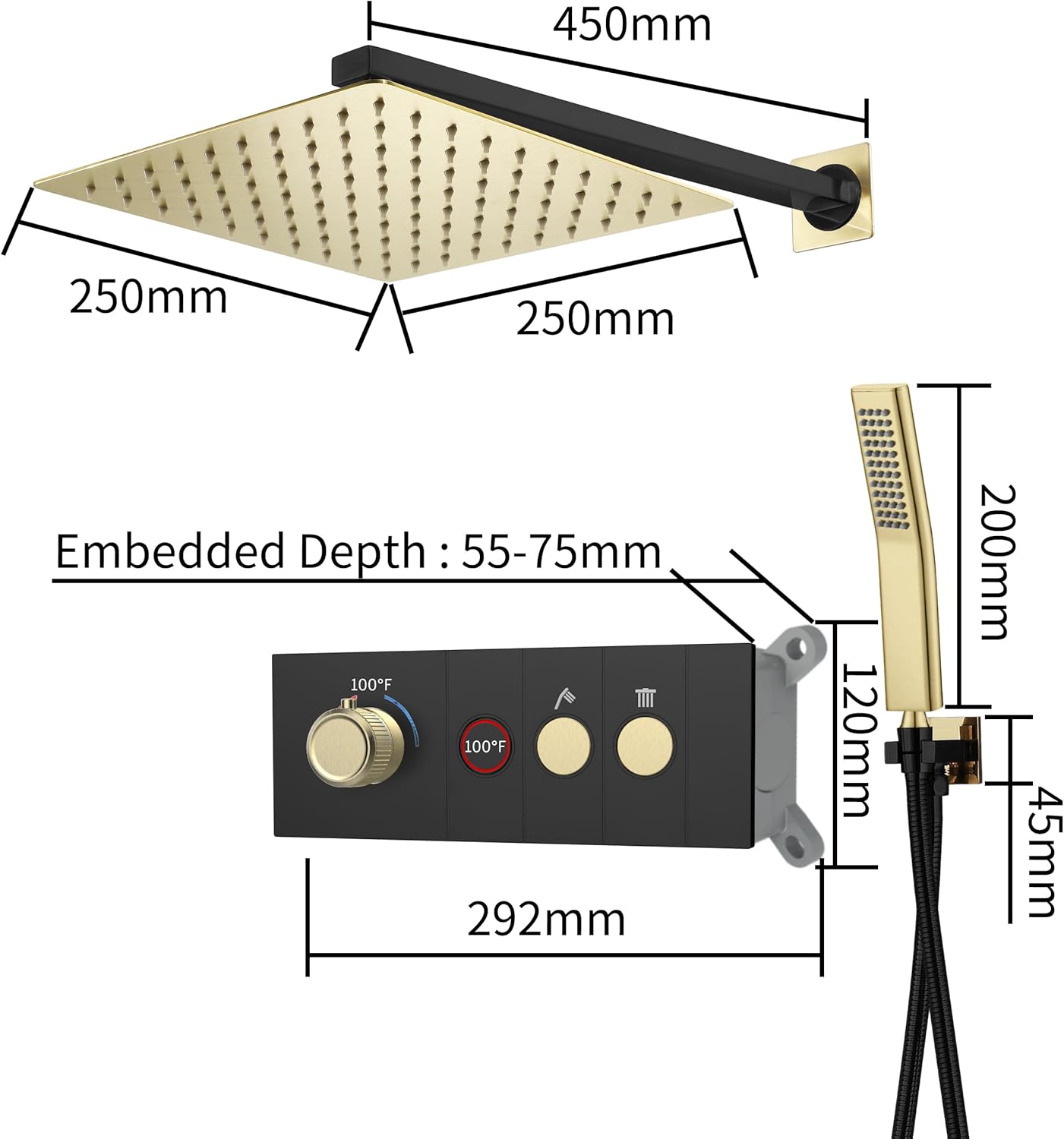 Shower Faucet Set Black and Brushed Gold Shower System Digital Display Rainfall Shower System Thermostatic Shower Complete Combo Set with 10 Inch