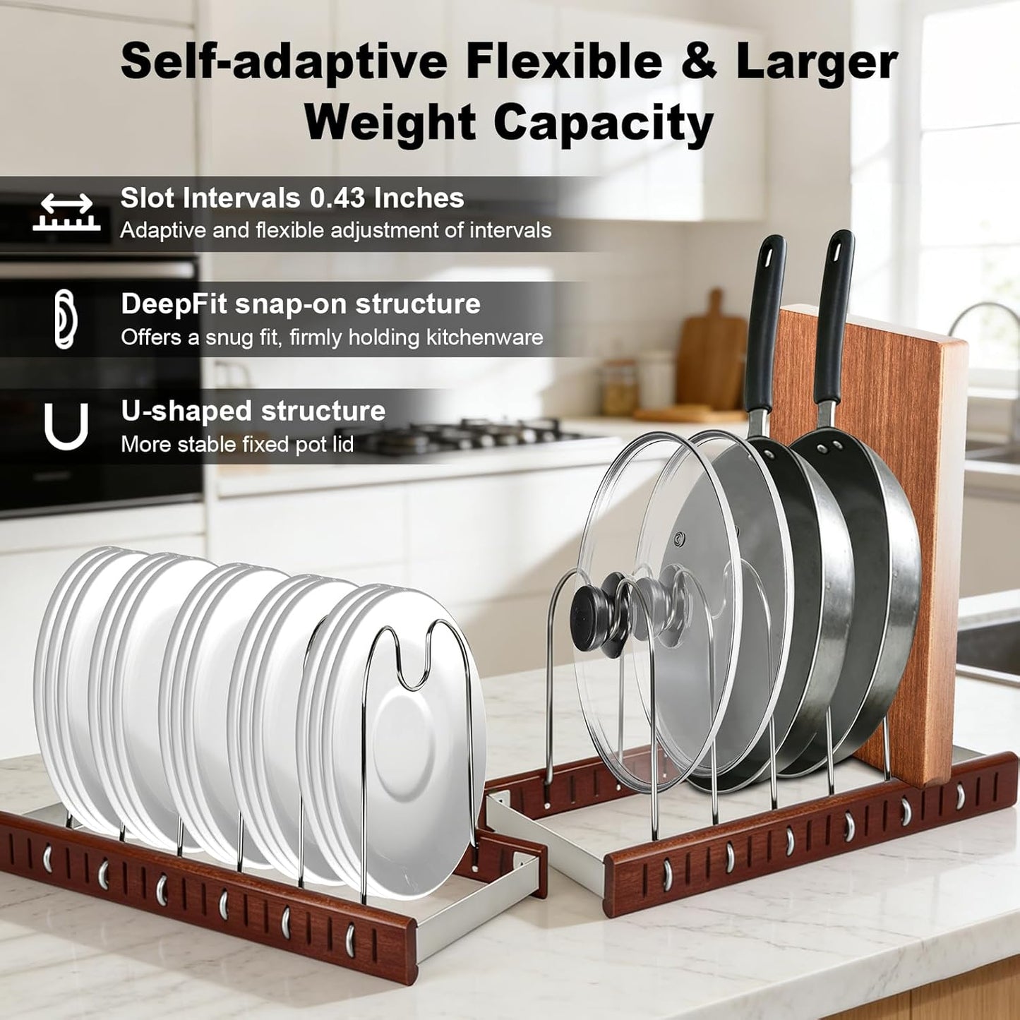 Kitchen Cabinet Organizer - Space-Saving Cutting Board Holder W Oak Base & Self-Adaptive Flexible Design for Tray, Baking Sheet, Cutting Board, Cookware, Skillets - Pot Lid & Pan Organizer Storage