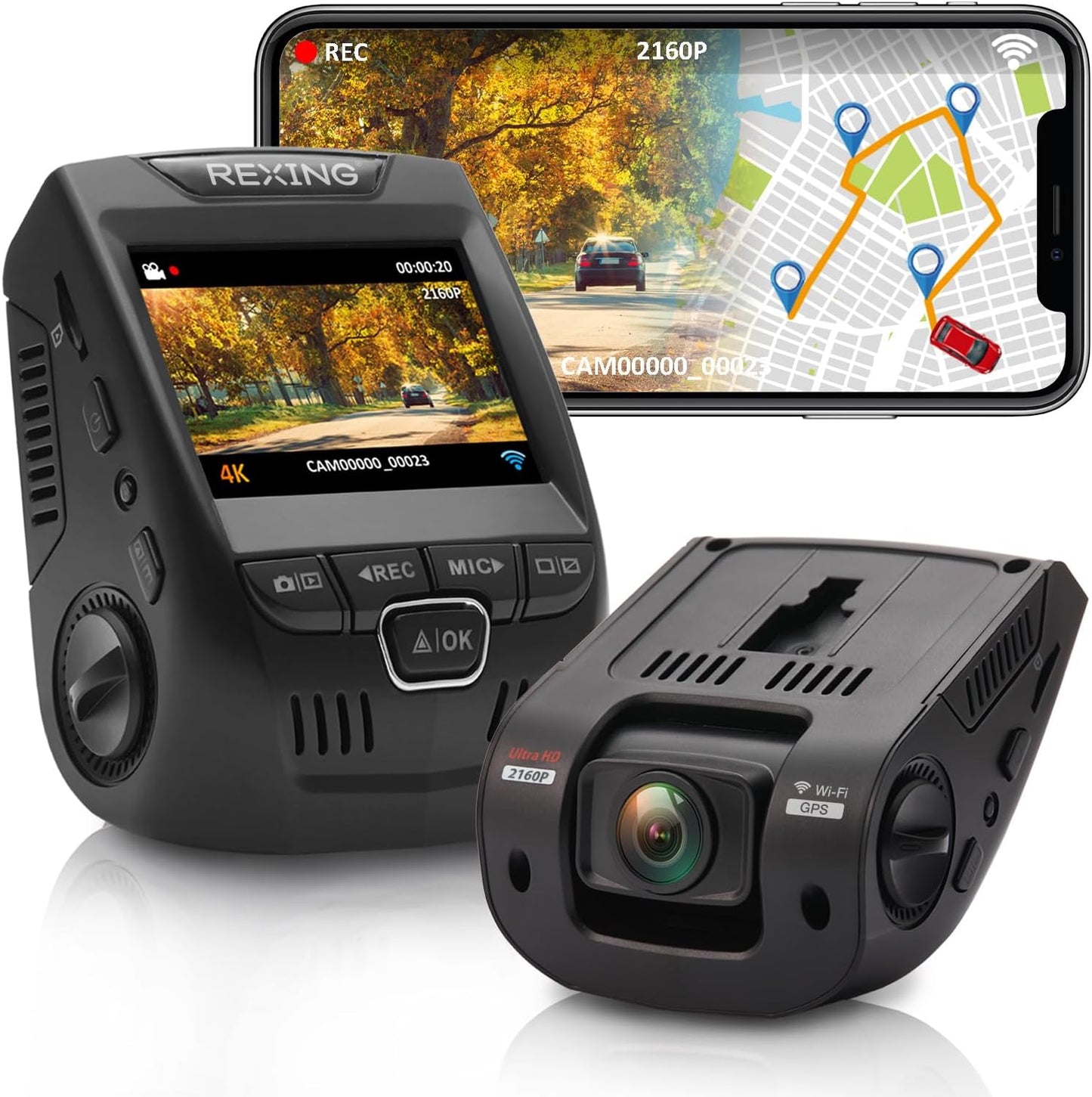 RexingUSA V1GW-4K UltraHD Dash Cam: GPS Logger, Wi-Fi, 170 Wide Lens, 2.4' LCD, WDR, Loop Record, 256GB Support, App-Enabled, Supercapacitor Tech