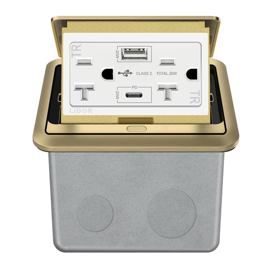LIDER Soft Pop-Up Floor Box Kit with USB Charger, 20A Tamper-Resistant Receptacle, PD 20W USB Type-A & C, Power Delivery Fast Charge, Galvanized Steel Enclosure, ETL-Listed, Brushed Brass