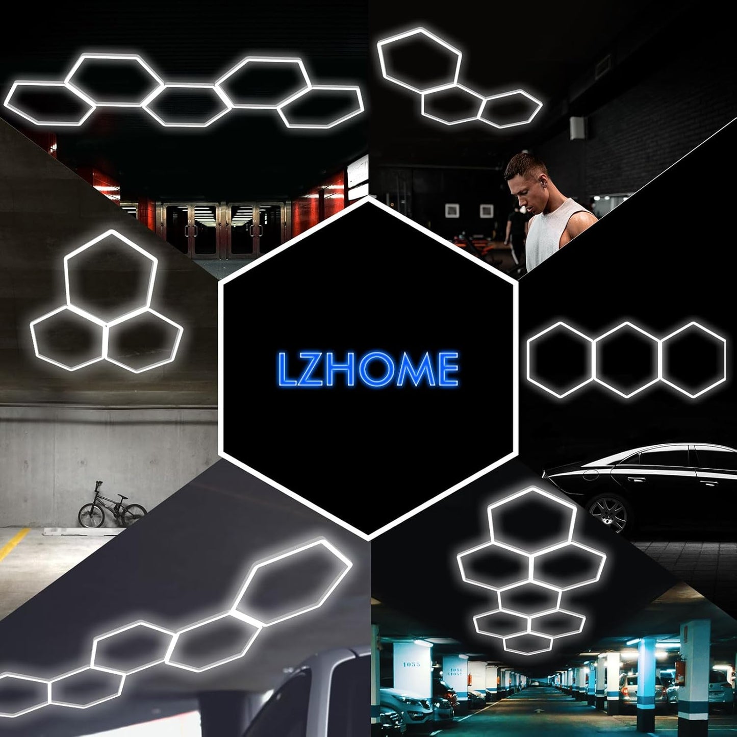 LZHOME LED Hexagon Garage Lights: 144W 15900LM Super Bright 3 Hexagon LED Lights Car Detailing Ceiling Light for Garage Workshop Warehouse Basement