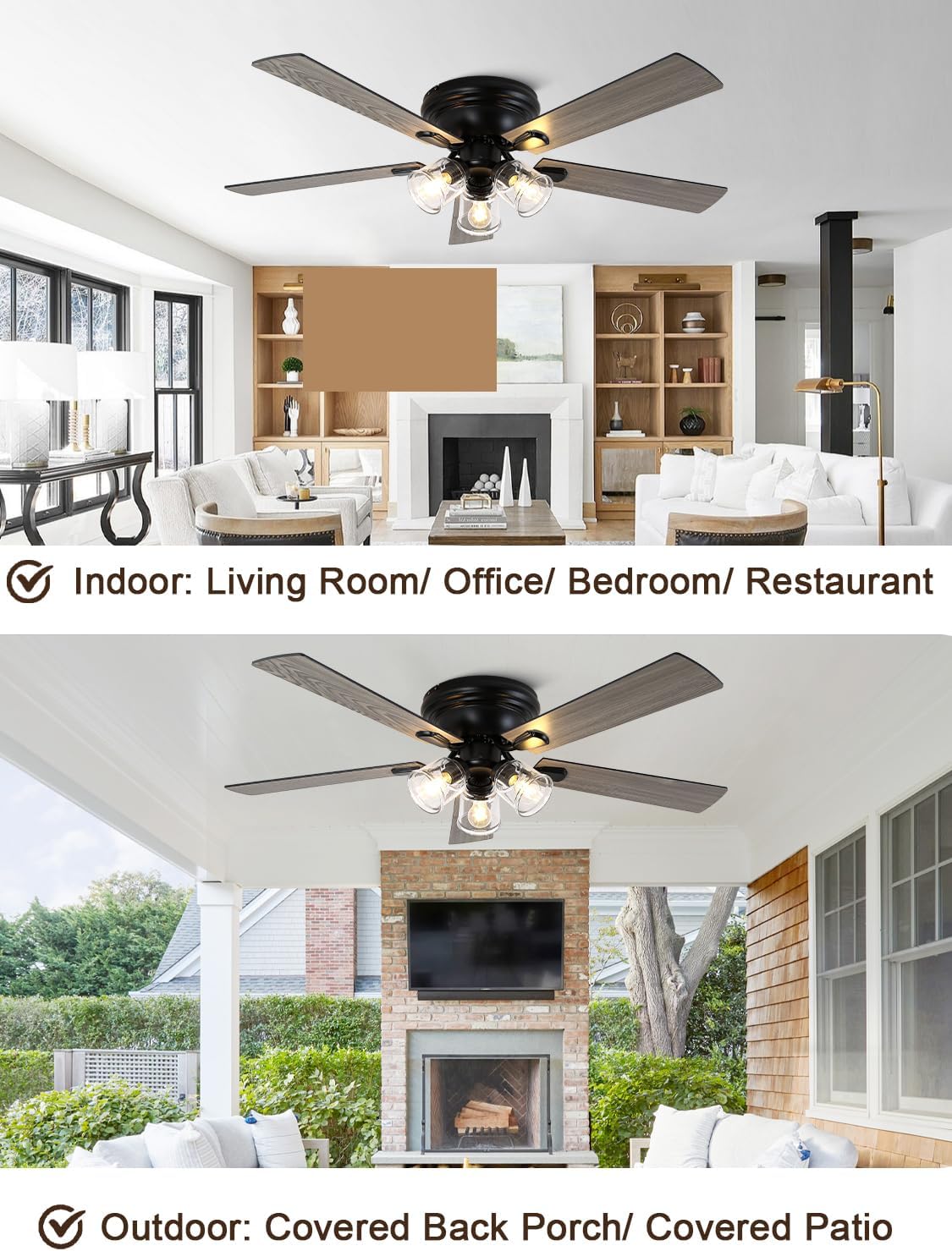 52 Inch Flush Mount Farmhouse Ceiling Fan with Lights and Remote | Rustic Fandelier Ceiling Fan, Low Profile Chandelier, 5 Dual Blade, for Bedroom Living Room, Reversible DC Motor 6 Speeds Vintage-V2