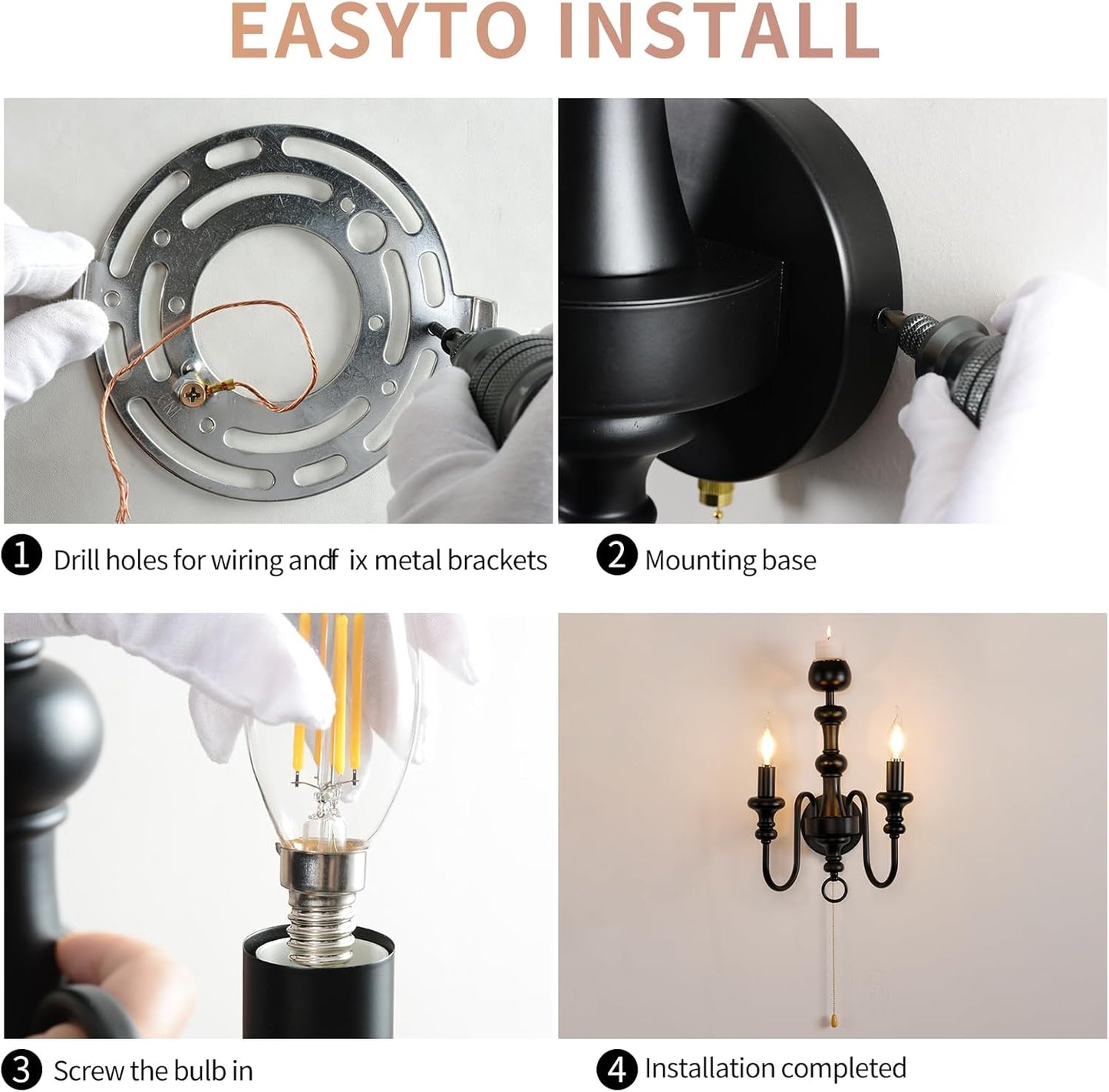 Matte Black Iron Double-Arm Wall Sconce, Retro Farmhouse Hardwired Lamp with Scented Candle Tray & Pull Switch for Home Decor (Candles Not Included)