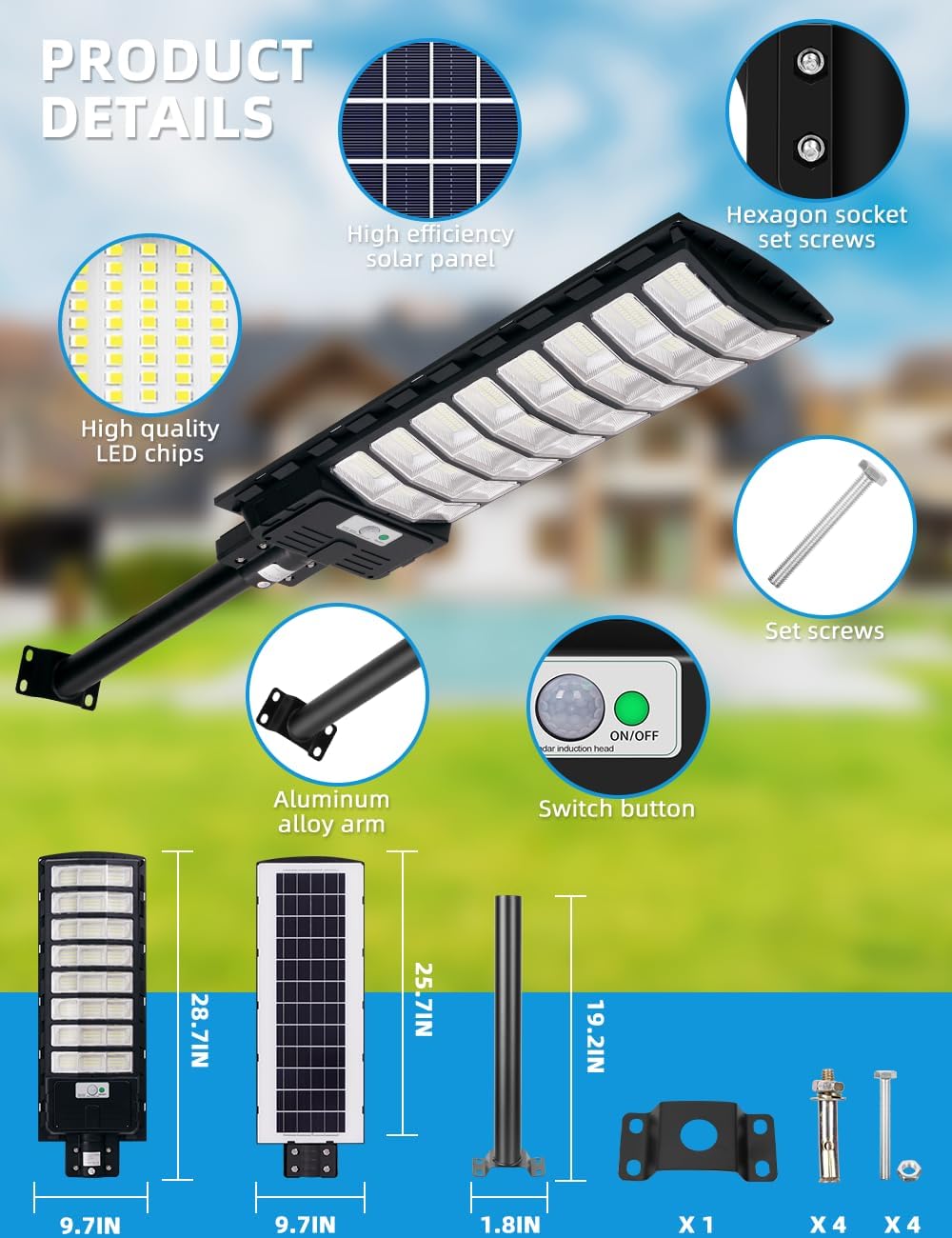 papasbox Solar Street Light 1000W - 6500K LED Solar Power Street Lights with Panel 99000LM Dusk to Dawn Outdoor Flood Lighting Waterproof IP65