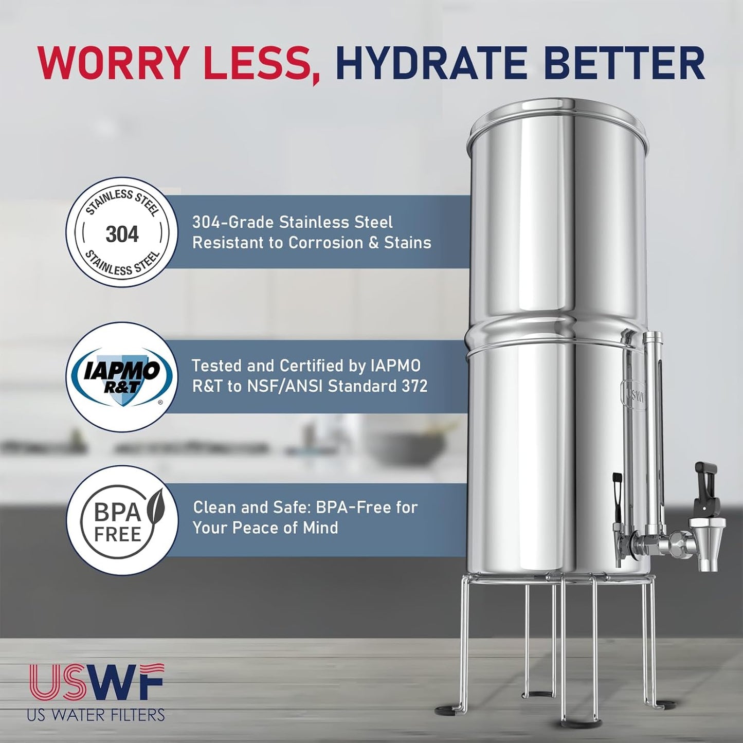 USWF Gravity Fed Water Filter - 2.25 Gal. Stainless Steel w/ 2 Carbon Filters, 2 Fluoride Filters, Portable Countertop Filtration System, Metal Sight