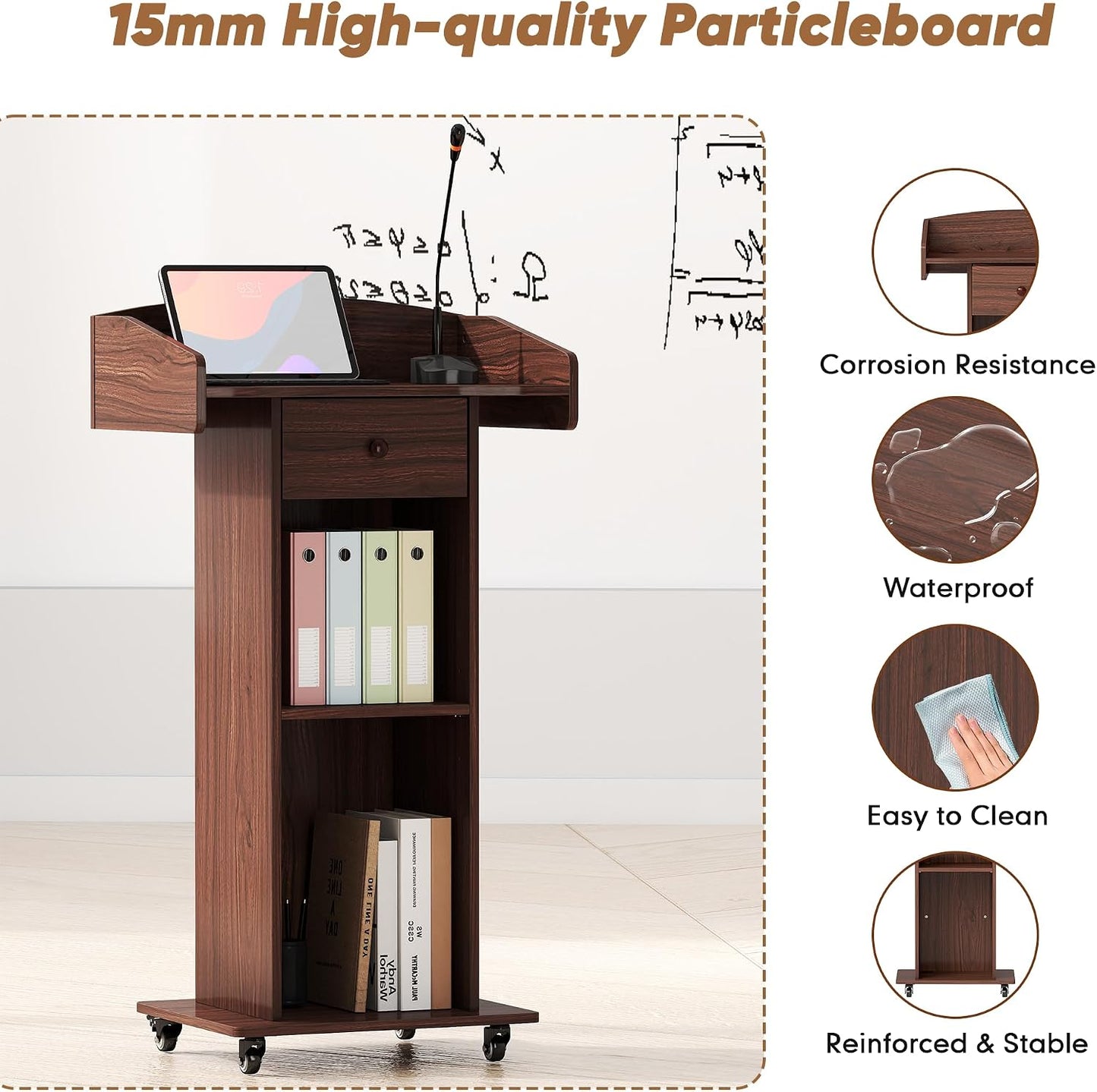 Portable Podium Stand with Metal Wheels, Rolling Podium with Drawer and Adjustable Shelf, Mobile Pulpit for Church, Wooden Lectern for Classroom Office Restaurant Conference (Brown)