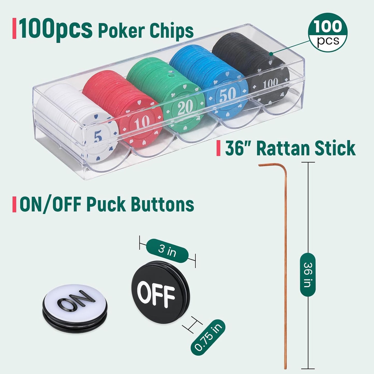 Craps Tabletop Game Set with 35 * 70" Rubber Craps Tabletop Layout Mat, 36" Rattan Stick, Casino Grade 19mm Dice, On/Off Button and 100 pcs Chips Craps Game Layout for Party Green