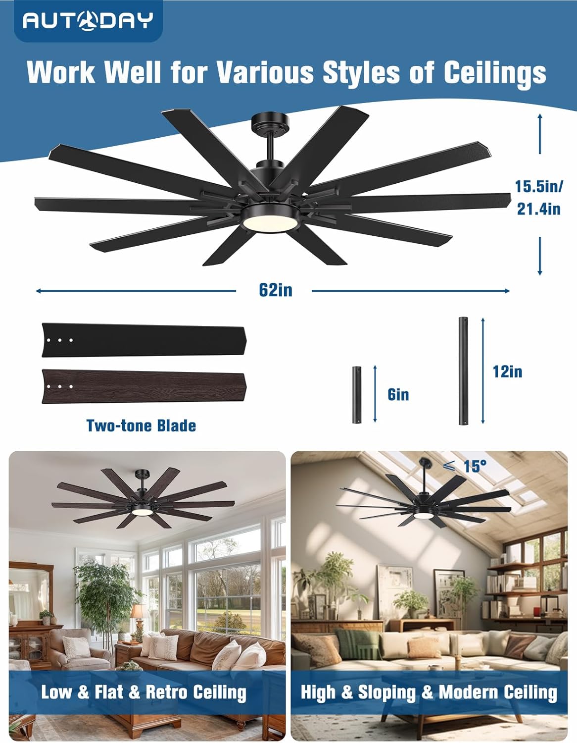 Autoday 62 Inch Large Ceiling Fans with Lights and Remote - Indoor/Outdoor Ceiling Fan with Light, 10 Blades, Reversible Quiet DC Motor, Dimmable LED