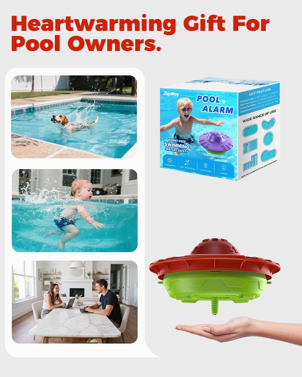 Pool Alarm with Indoor Receiver, Ultra Loud Floating Alarm for Inground & Above Ground Pools, Adjustable Sensitivity for Backyard Water Safety with Children & Pets, Red Green