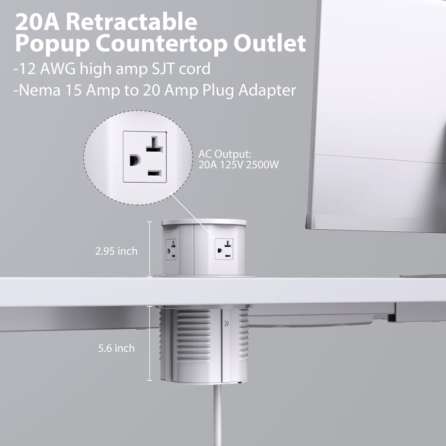 ANNQUAN 20 Amp Pop Up Countertop Outlet with 15W Wireless Charger,Max 65W Power Delivery,4.75" Pop Up Electrical Outlet with 3 Outlets 3 USB Ports for Home Office White 20 Amp(Standard)