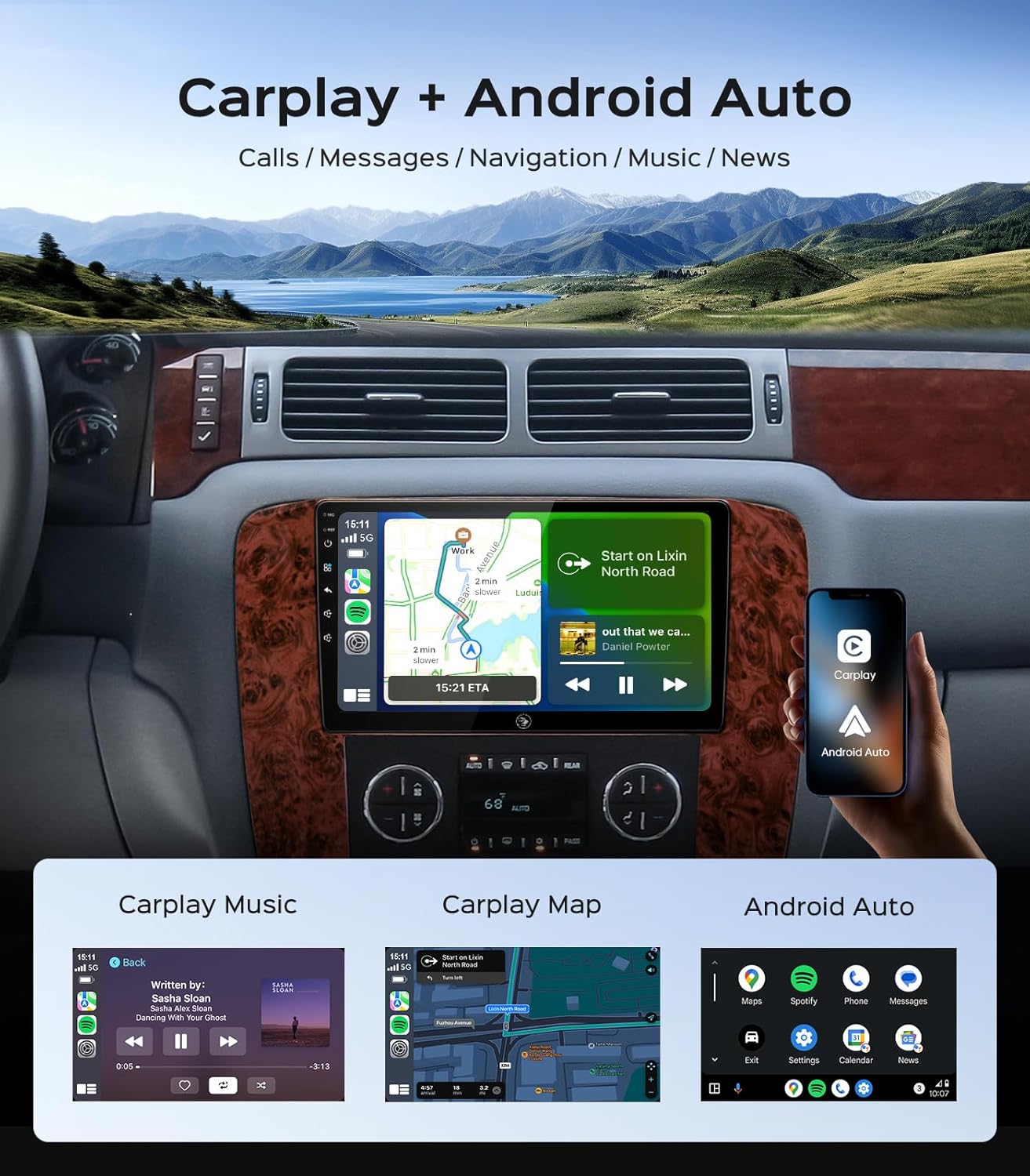 Car Radio Stereo for Chevy Silverado Tahoe Suburban GMC Yukon Sierra 2007 2008 2009 2010 2011 2012 2013, 9'' 2+64G Touchscreen Upgrade Carplay/Android Auto/HD Backup Camera/SWC (Mahogany Wood)