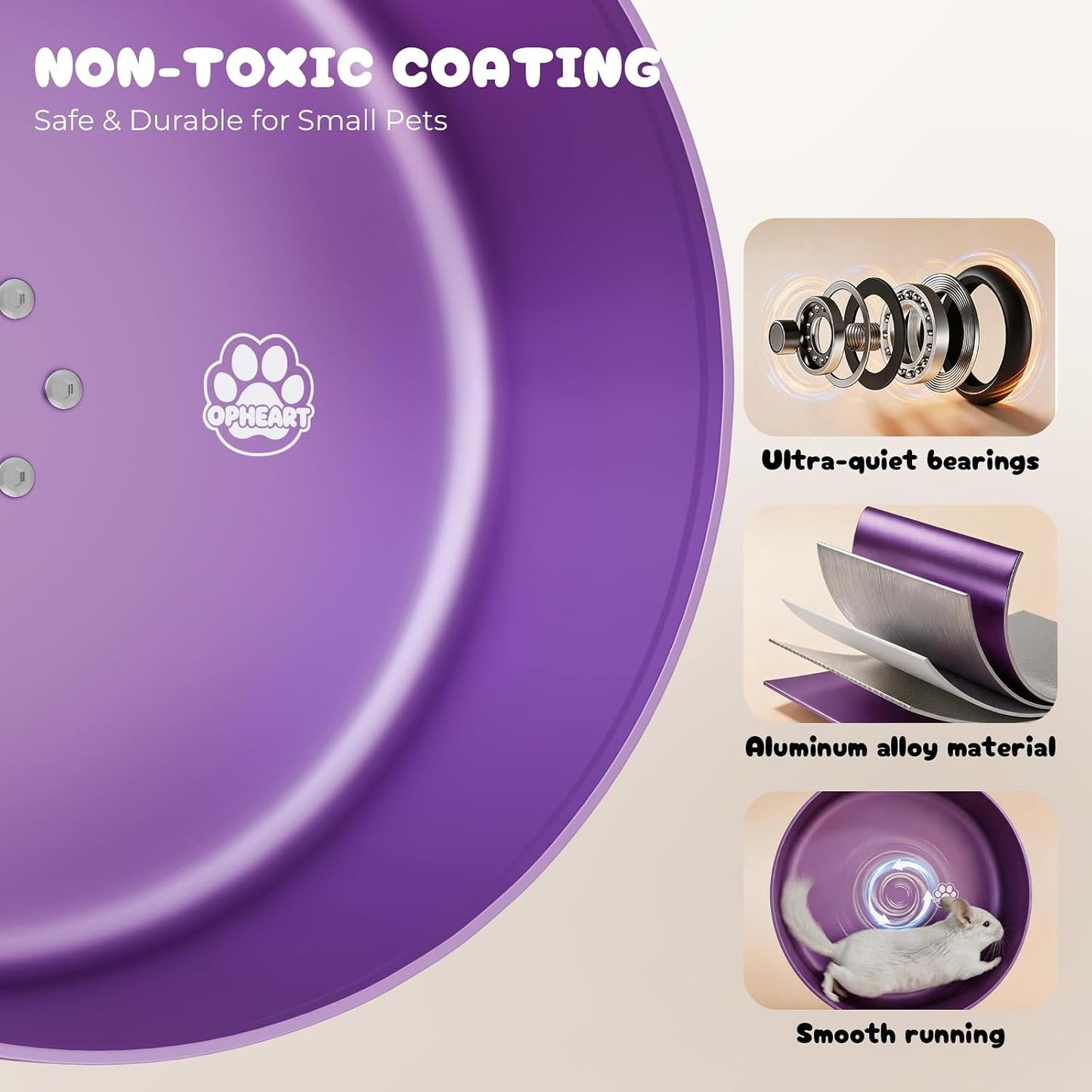 15" Silent Chinchilla Running Wheel, Aluminum Alloy Noiseless Exercise Wheel, Small Animal Running Wheel, Ultra Smooth Bearing, Large Comfort Wheel for Chinchilla, Hamster, Hedgehog &Small Pets,Purple