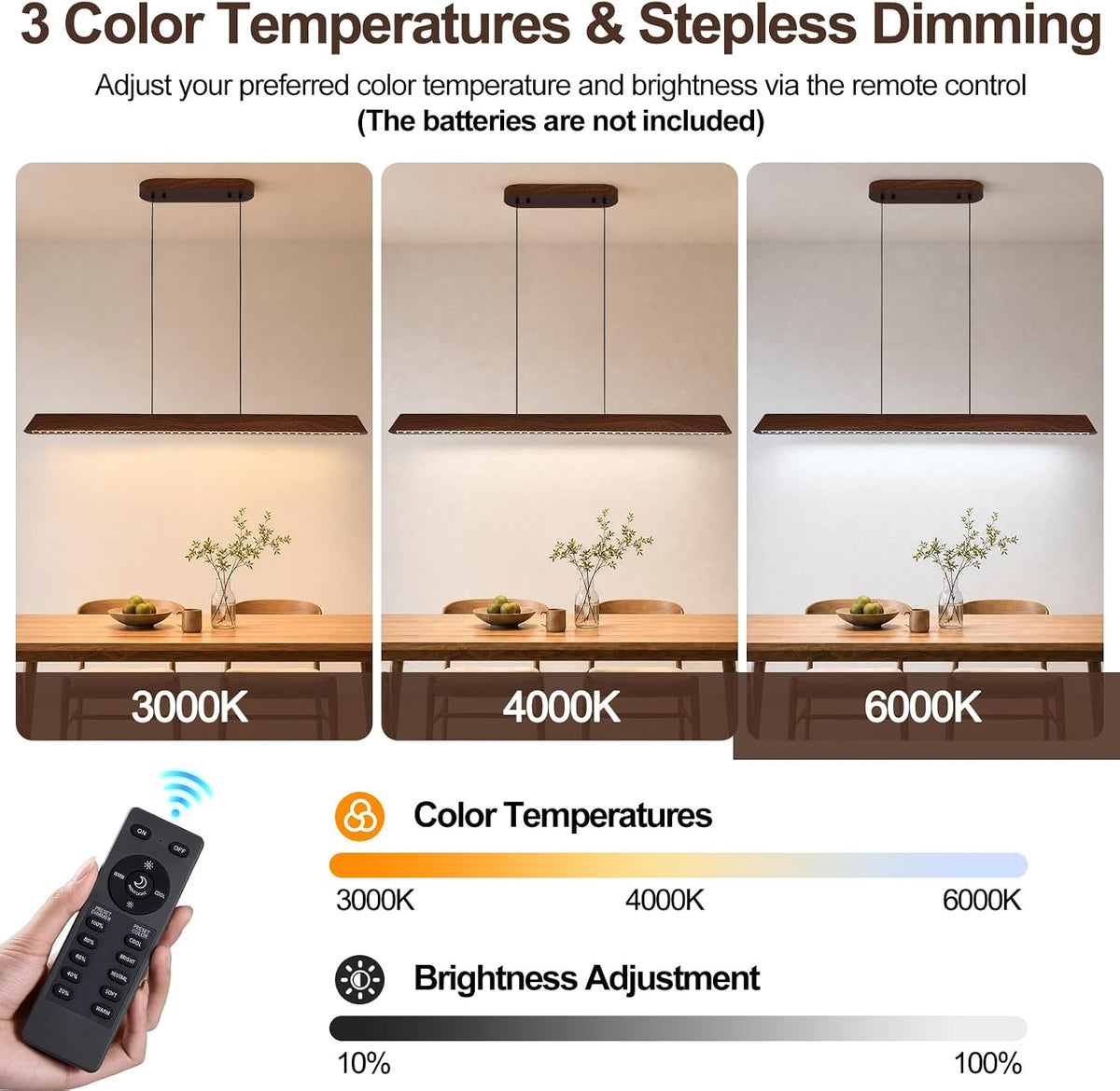 Dining Table Linear Island Light: Remote Control Iron Kitchen Chandeliers Iron with Walnut Wood-Look Finish
