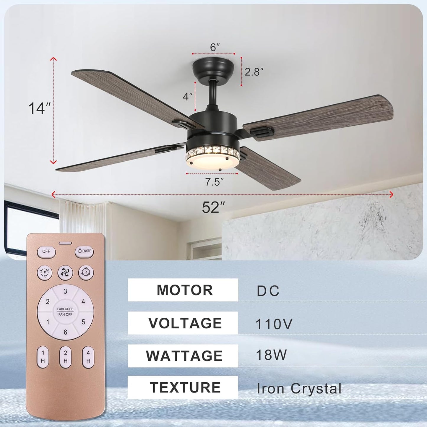 Xermei Ceiling Fan with Lights Remote Control,52 inch Crystal Lampshade Ceiling Fan,Low Profile Modern Ceiling Fan with Light,Noiseless Reversible DC