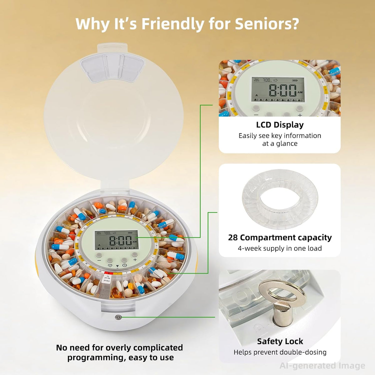 28-Day Bluetooth Automatic Pill Dispenser with App Alert for Caregivers
