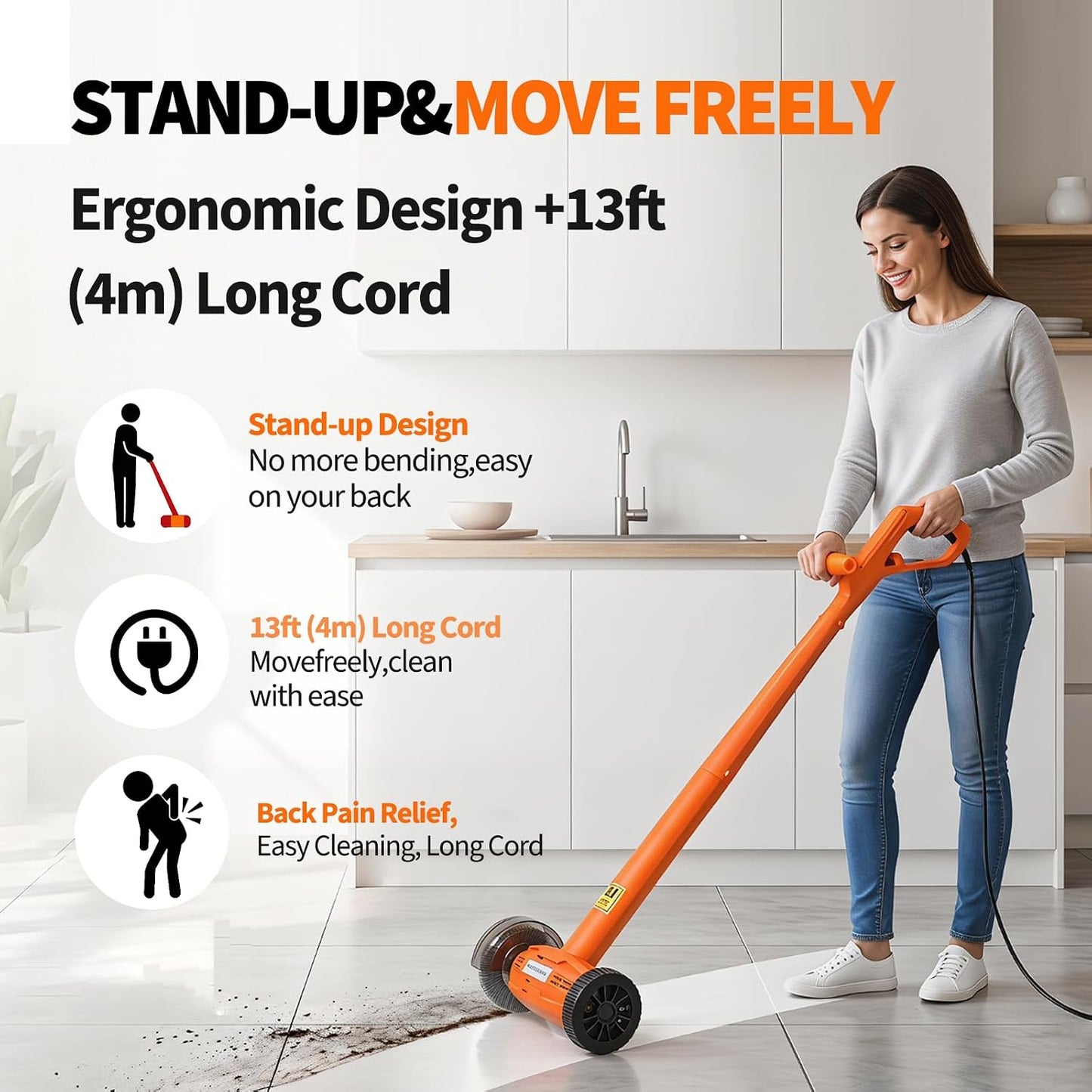 Electric Stand-Up Grout Cleaner 2-in-1 Wire & Hard Brush – Heavy-Duty Floor Scrubber for Tile, Bathroom, Kitchen & Outdoor Weed Cleaning – Ergonomic 13FT Cord Deep Cleaner for Ceramic & Patio Floors