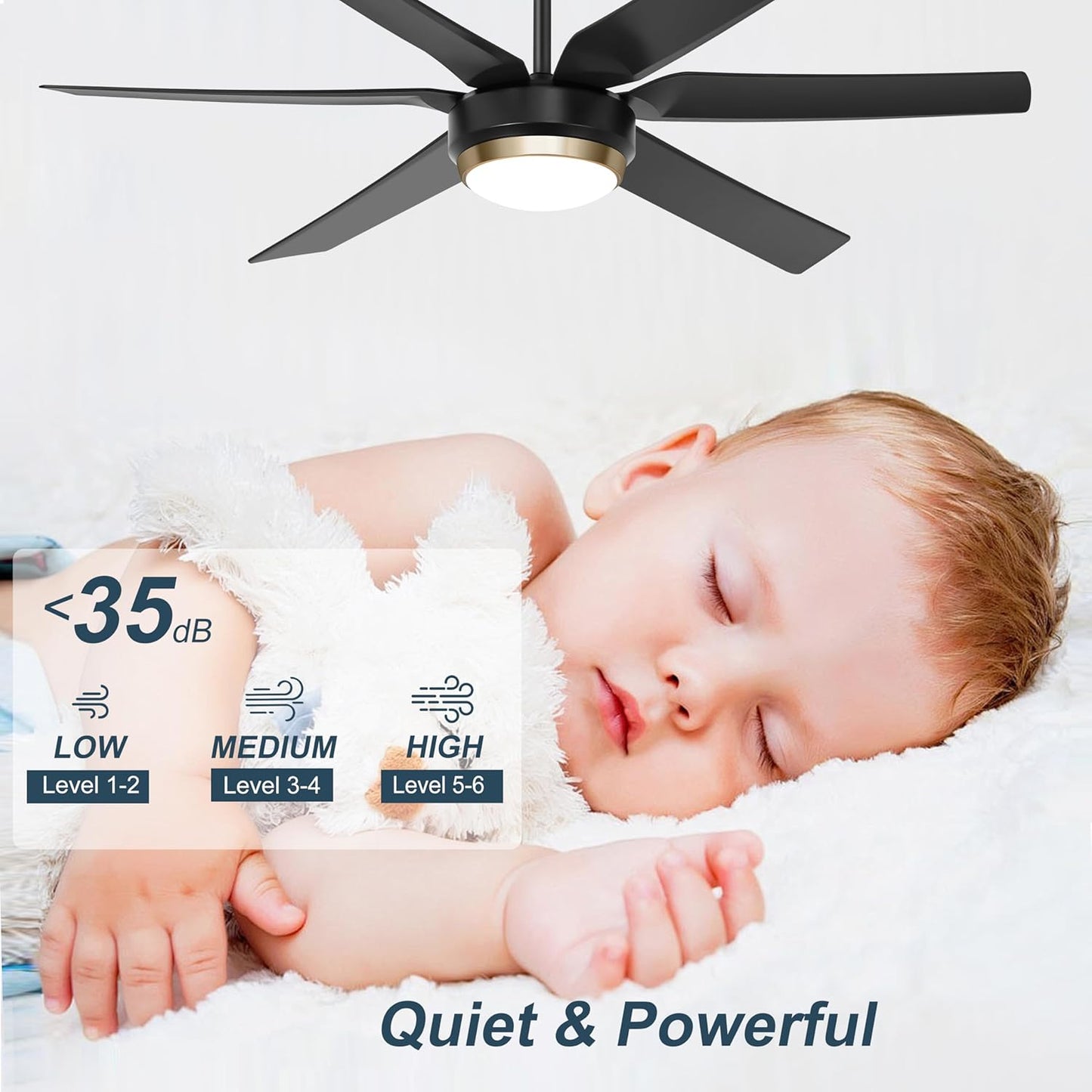 56 Inch Black, Quiet, Reversible Ceiling Fans with Dimmable 3-Color Lights and Remote