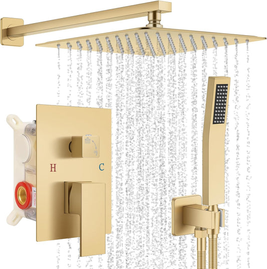 Baetuy 8 Inch Shower Faucet Set, Rainfall Shower System with High Pressure Handheld Shower Head and Square Fixed Shower Head,Spray Wall Mounted