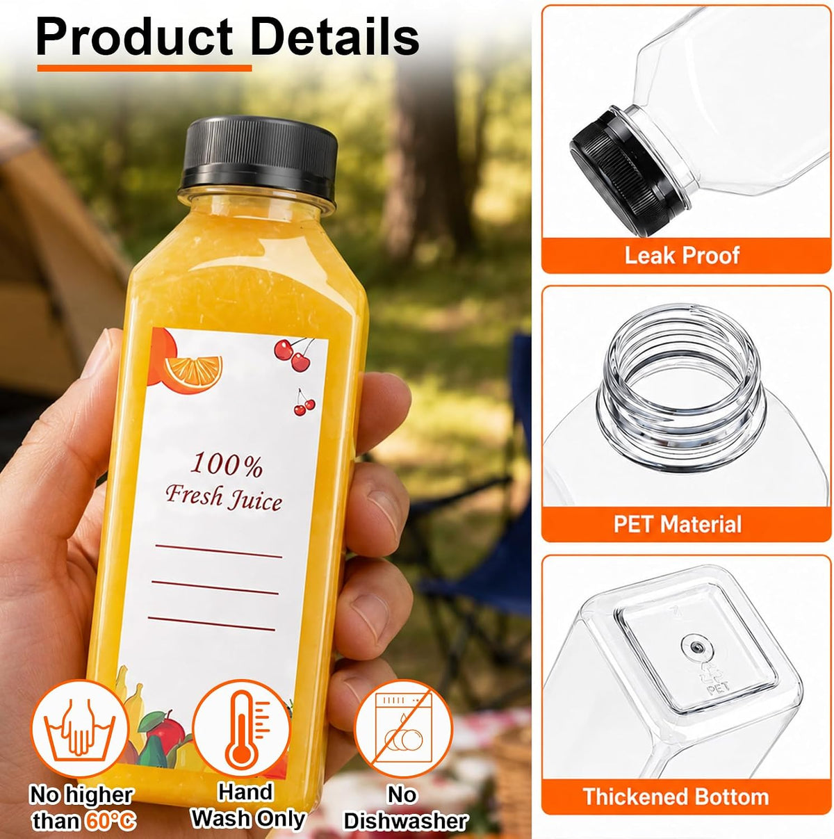 OBKJJ Plastic Juice Bottles 240 pcs 12 oz Empty Plastic Water Bottles with Caps Reusable Clear Beverage Containers for Drinking, Juicing, Smoothie, Water with 2 Brushes, 2 Funnels