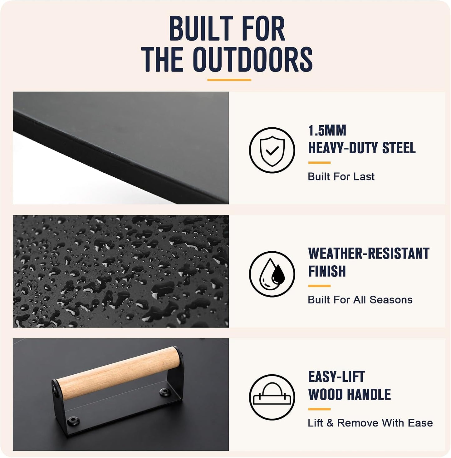 34 in Round Fire Pit Lid, 1.5 mm Steel Cover with Wooden Handle | Metal fire pit cover for outdoor patios and backyards, 34 in round lid with 1.5 mm steel construction and wooden handle