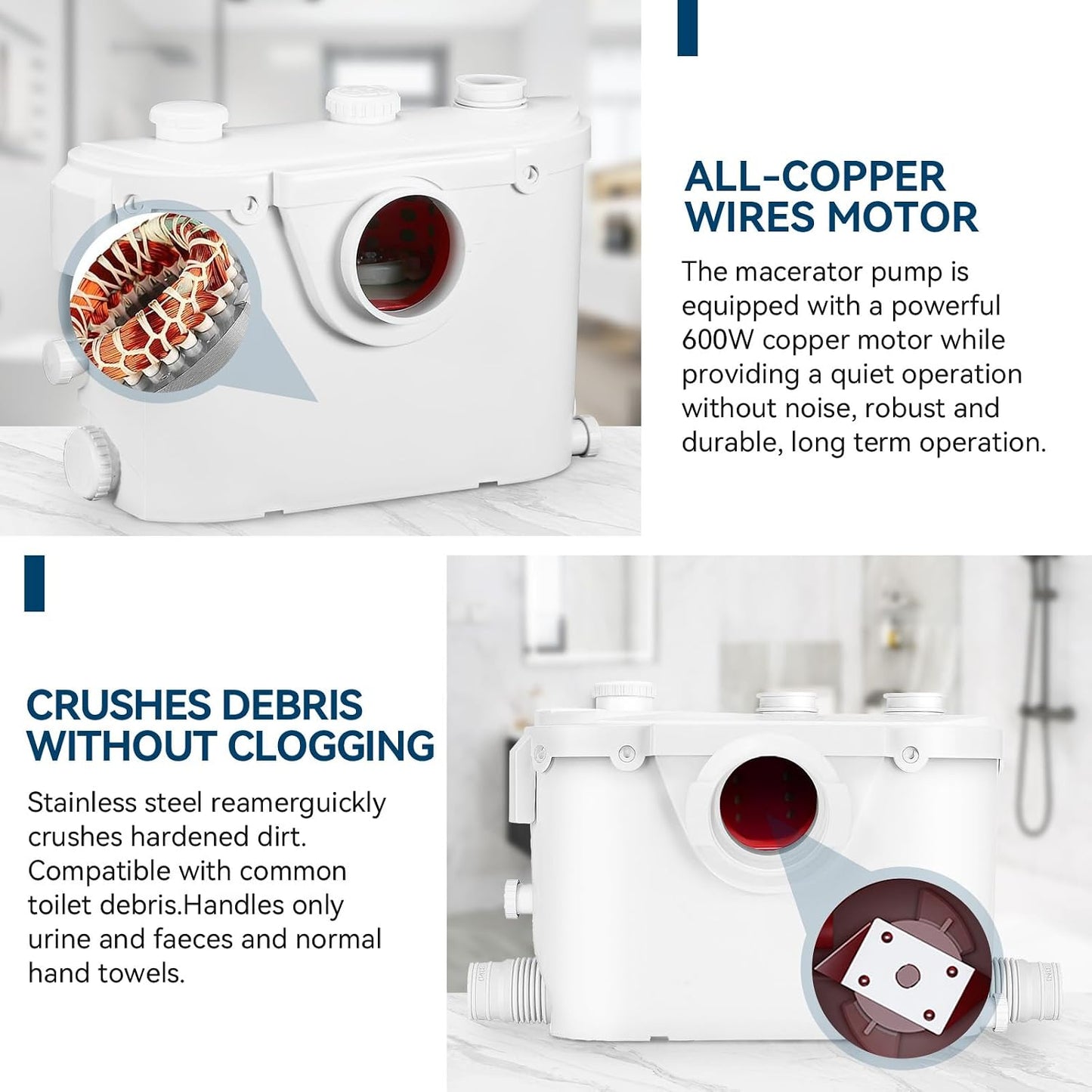 600W Macerator Pump Toilet Pump Upflush to 26FT 1800GPH Utility Sink Pump with 4 Water Inlets 1 Outlets Macerating Toilet System for Toilet Sink Shower Laundry Kitchen Basement