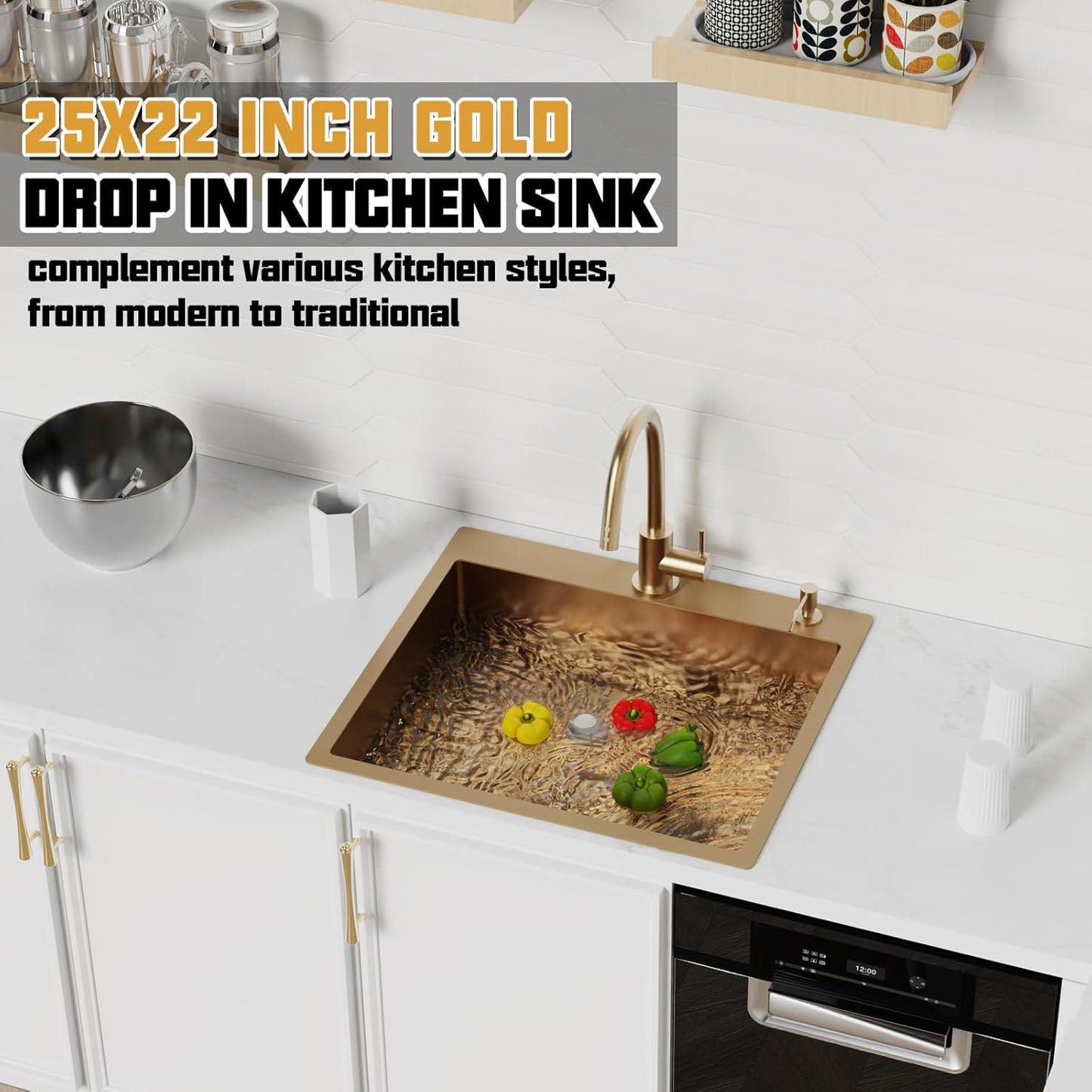 Gold Kitchen Sink, 25'x 22' Stainless Steel Drop In Kitchen Sink Single Bowl Gold Topmount Kitchen Sink With Gold