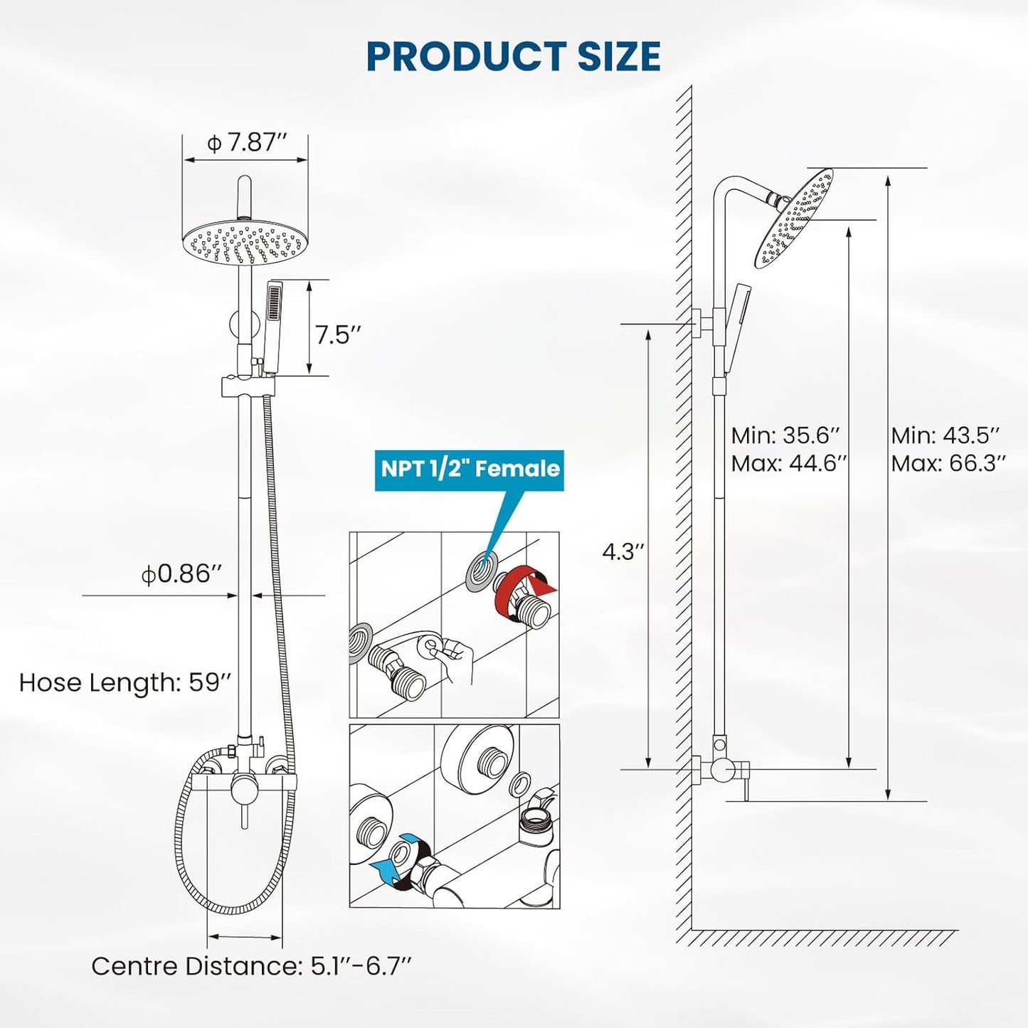 SUS304 Outdoor Shower Fixture High Pressure Shower System Wall Mount 2 Dual Function Single Handle Shower Kit with 8 Inch Shower Head and Ha