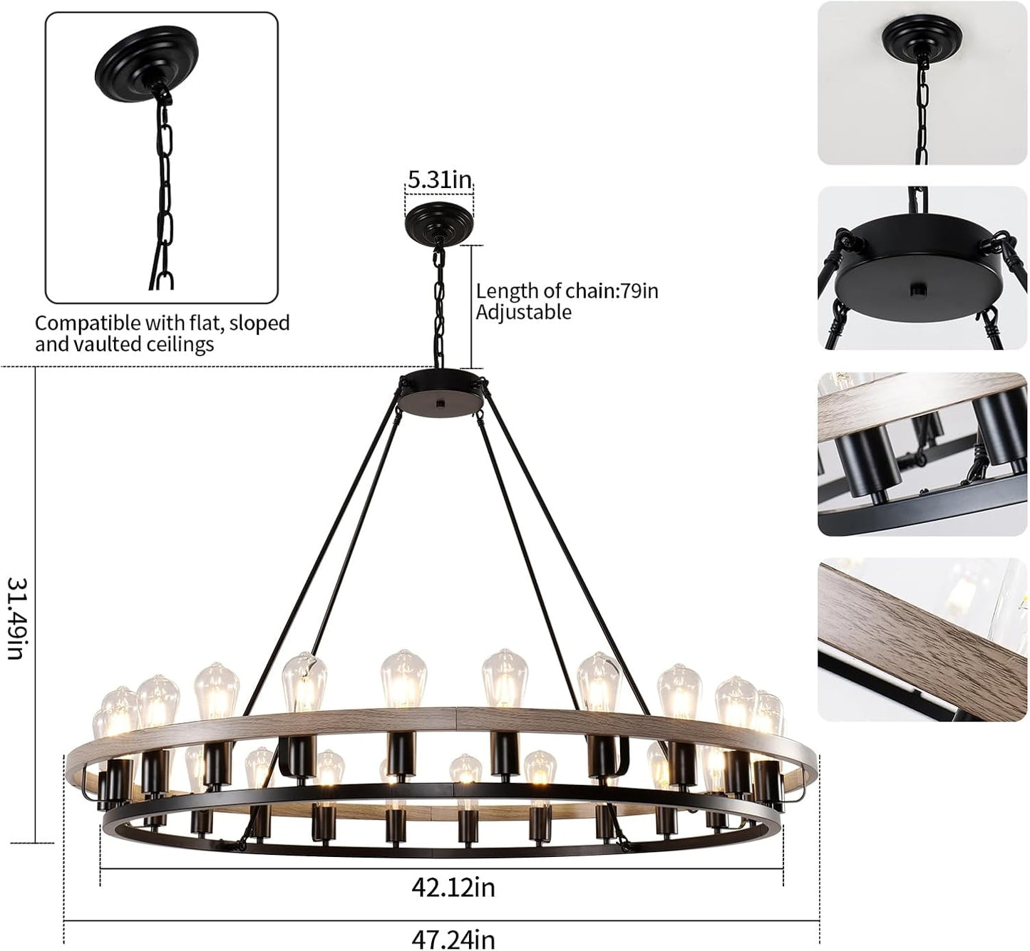 Wagon Wheel Chandelier 48-Inch 24-Light, Oak Wood and Black Finish Round Rustic Farmhouse Chandelier Extra Large for High Ceilings, Living Room Foyer