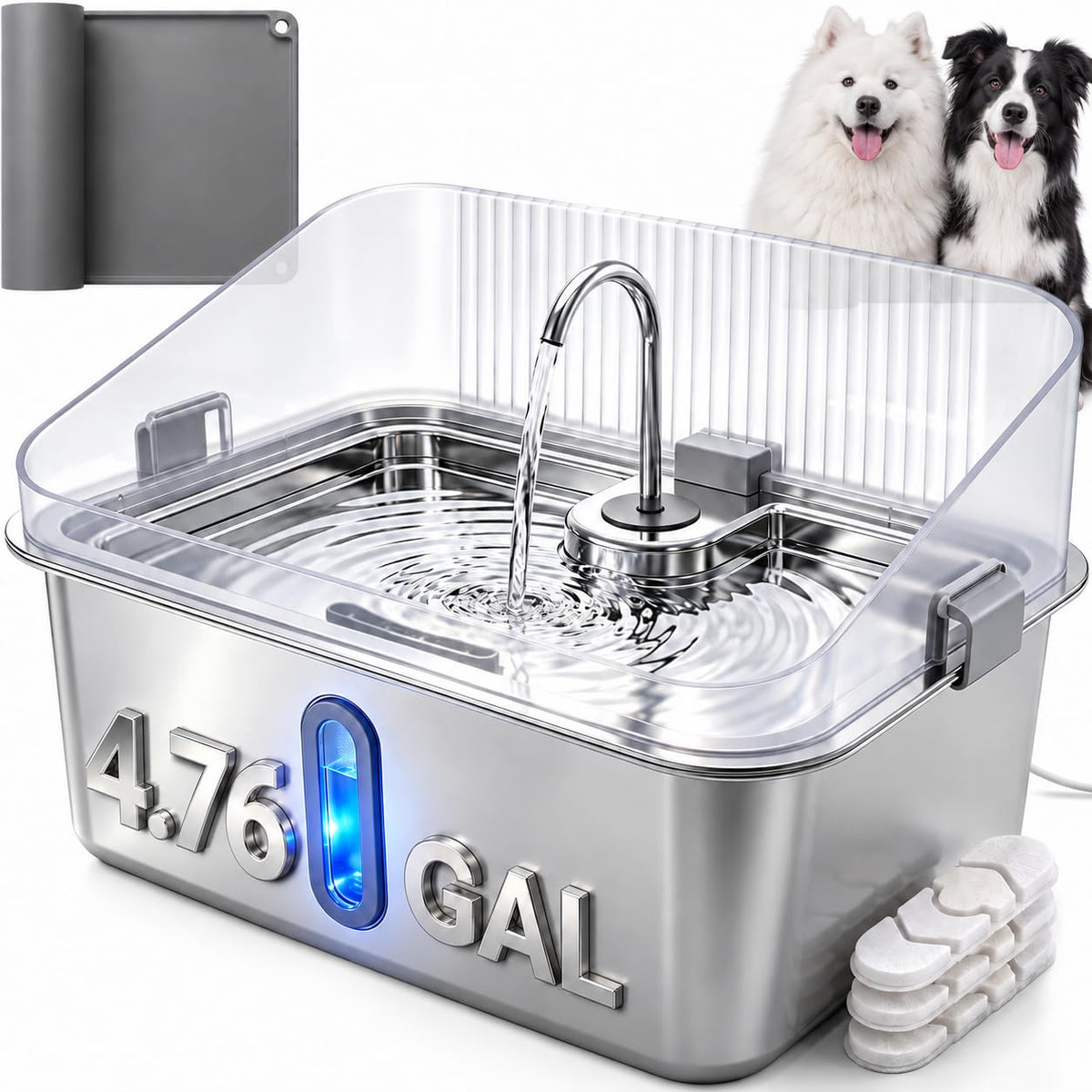 4.76 Gal Dog Water Fountain for Large Dogs, Stainless Steel Pet Water Dispenser with Splash Guard, Large Capacity Dog Bowl with Visible Window, Quiet Pump, 3 Filters and Silicone Mat, Metallic Silver