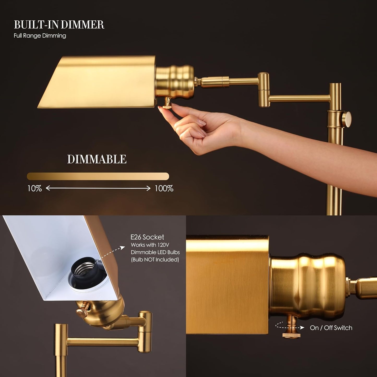 O'Bright Arcadia Pharmacy Desk Lamp | E26 Socket, Built-in Dimmer, Full Range Dimming, Adjustable Height, Swing Arm, Rotatable Lampshade, All-Metal Construction Antique Brass