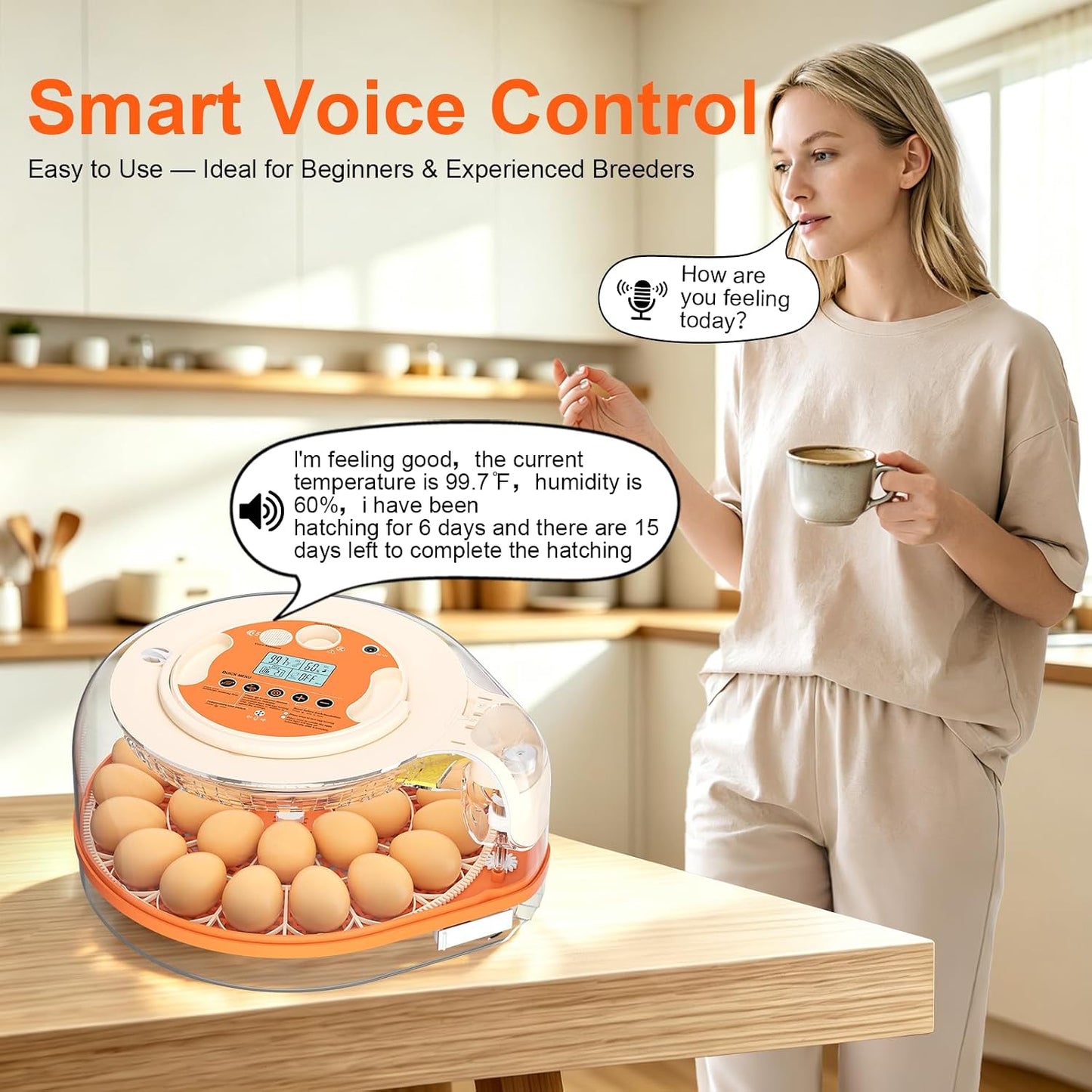 Voice Control Egg Incubator for Hatching 26 Eggs, All-in-One Design | Precise Temp & Humidity Control, 5 Auto Egg Turning Intervals, Egg Candler, Two-Size Egg Trays for Quail, Duck & Goose Eggs