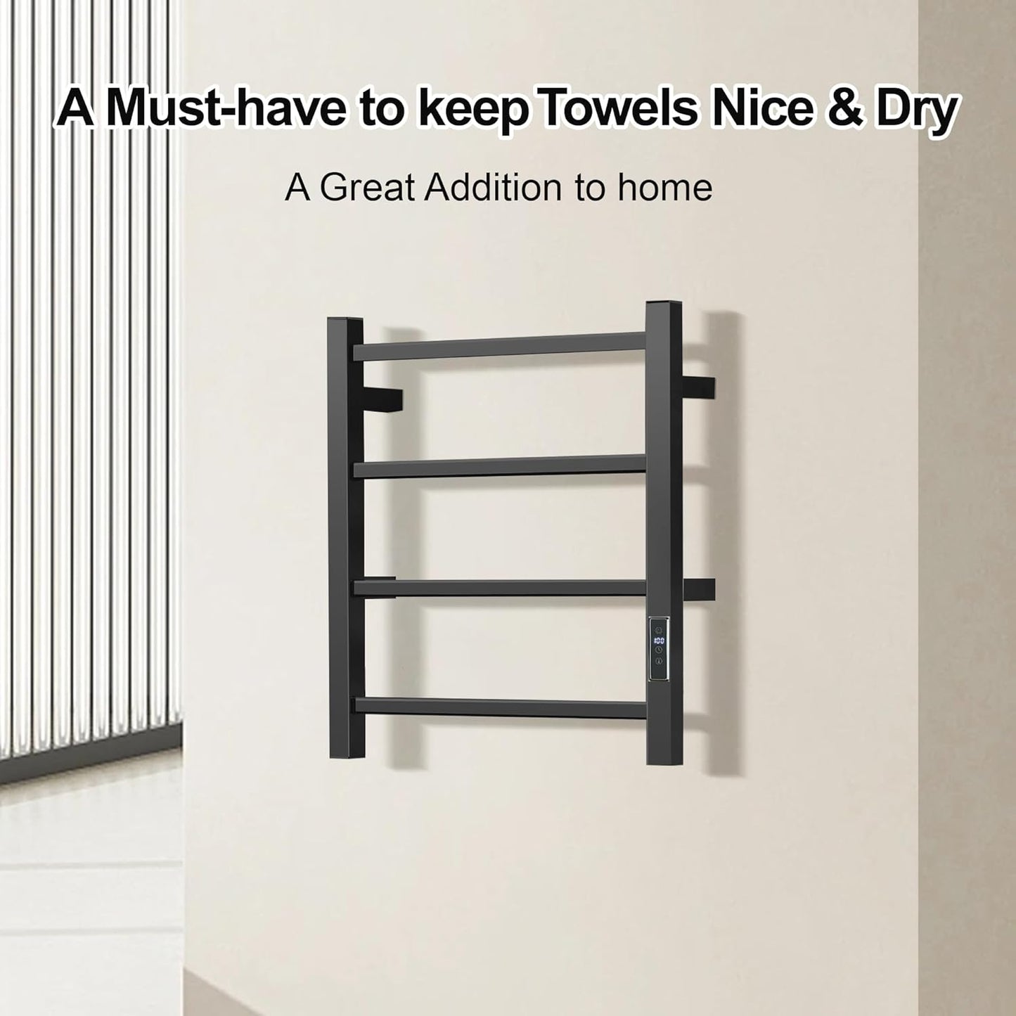 HARNDY Electric Towel Rack with Voice Control for Alexa & Google Home,TUYA - Wall-Mounted Bathroom Heating Towel Warmer,Plug-in,Stainless Steel Material (Square Black with Timer, 4 Bar) 4 Bar Square Black With Timer