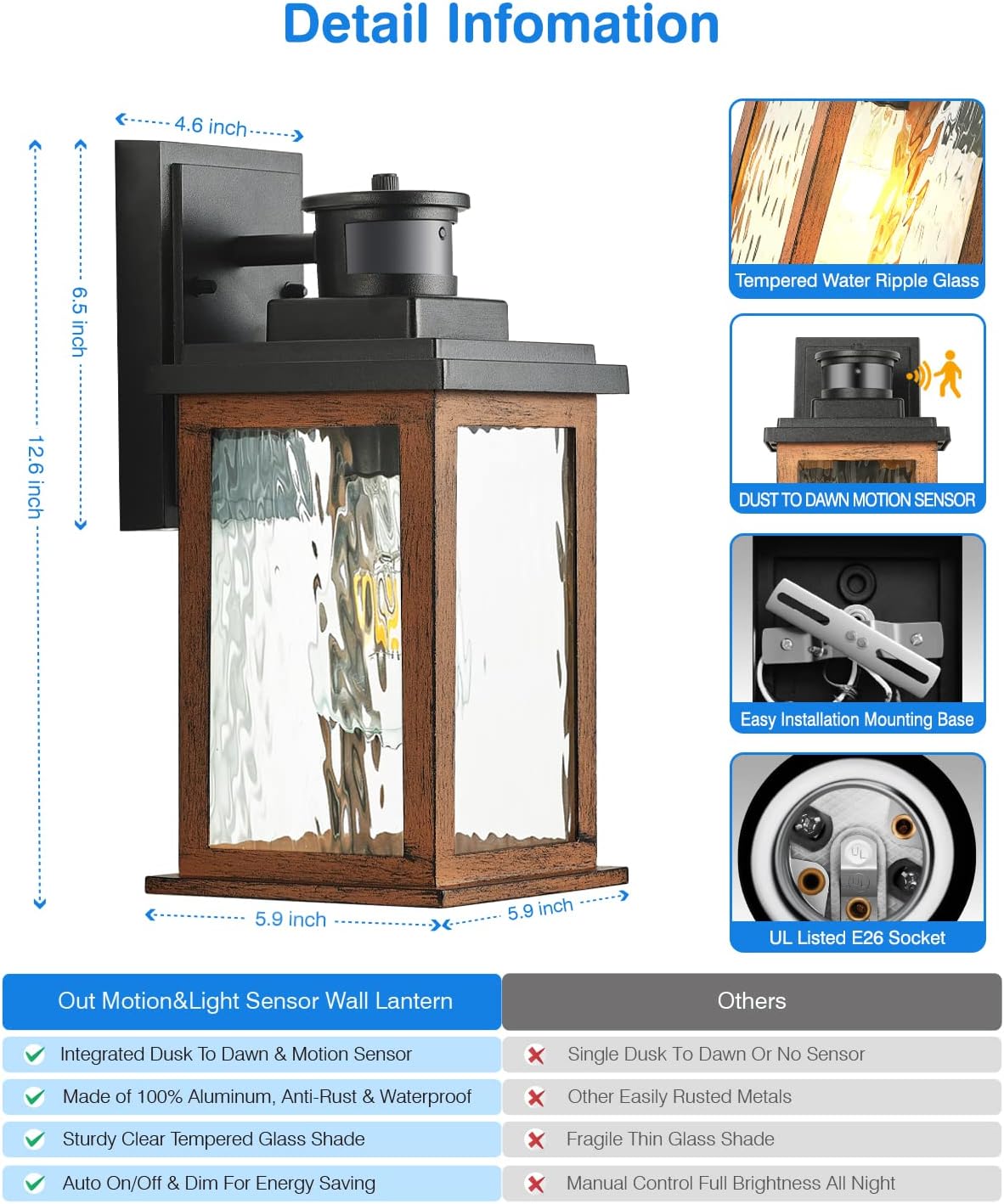 VIANIS Motion Sensor Outdoor Lights, Dusk to Dawn Outdoor Lighting for House, Wood Grain Garage Lights, Lantern Wall Mount, Waterproof Porch Sconce