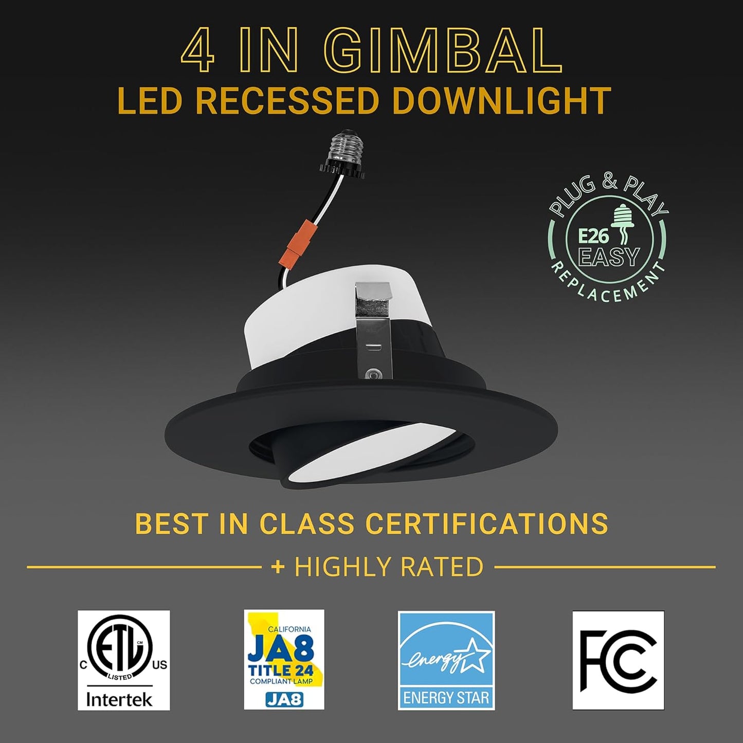 24 Pack Retrofit 4 Inch Gimbal LED Recessed Light White Trim, High Lumen, 750lm, 10W, 5CCT 2700K/3000K/3500K/4000K/5000K Selectable, Dimmable, Adjustable Lens Eyeball Downlight, ETL Listed