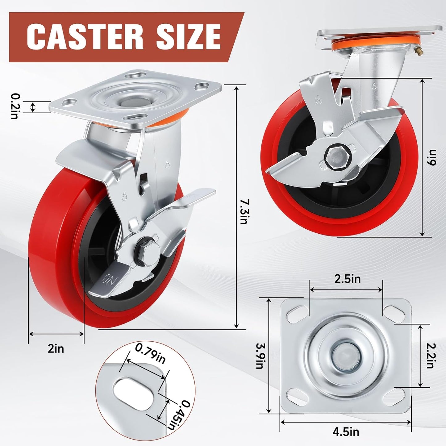 Caster Wheels,Industrial Heavy Duty Caster Set of 4,Polyurethane Surface TPE Casters,Load 5000Lbs Swivel Brake Plate Casters,for Industrial Equipment (2Side Brake & 2 Swivel, 6 inch) 2Side Brake & 2 Swivel 6 inch