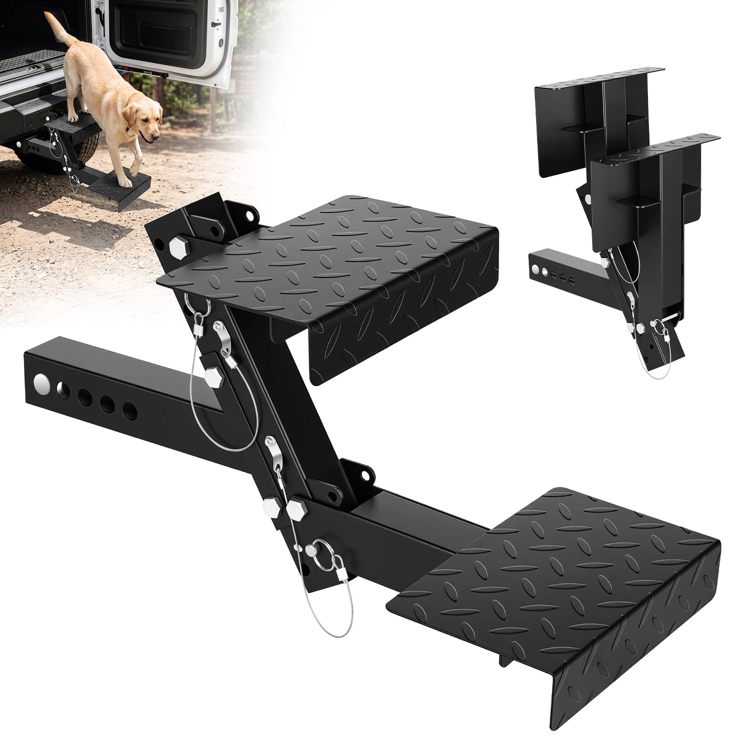 Anti-Loss Pin Hitch Step - Folding Truck Step with Safety Strap for 2" Receiver, 4-Level Adjustable Height Bumper Step for RV Trailer Pickup SUV Camper Van Access