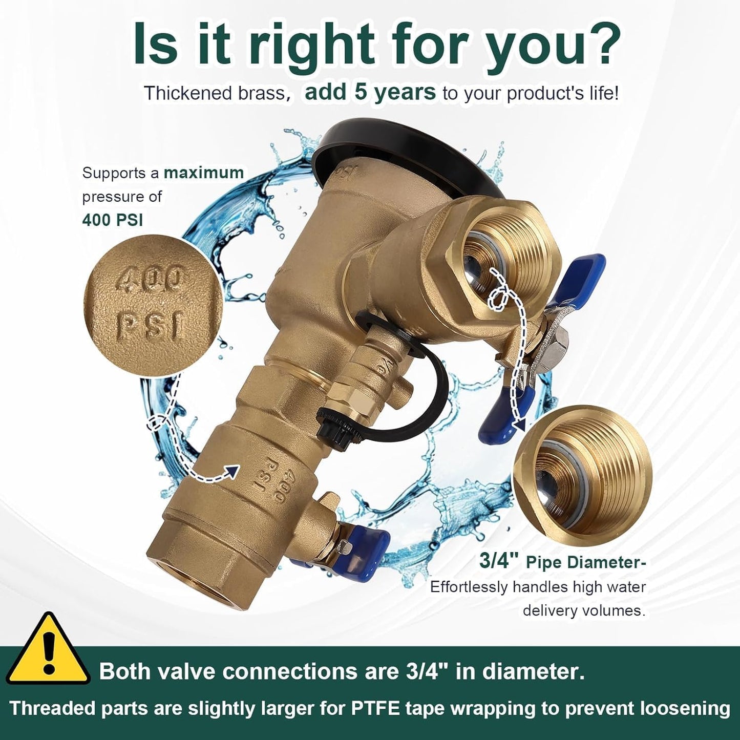 【UPC® Certified】3/4" Brass Pressure Vacuum Breaker with Repair Kit, Max 400PSI Sprinkler Backflow Preventer for Non-Potable Systems Like Irrigation & Industry 3/4 Inch