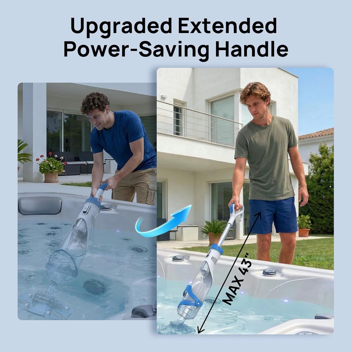 Pool Vacuum for Above Ground & Inground Pools, Consciot Cordless Handheld Rechargeable Pool Cleaner, 1110 GPH Suction, 75Min Runtime, Telescopic Pole up to 87.5", See-Through Head for Spas & More Blue & White