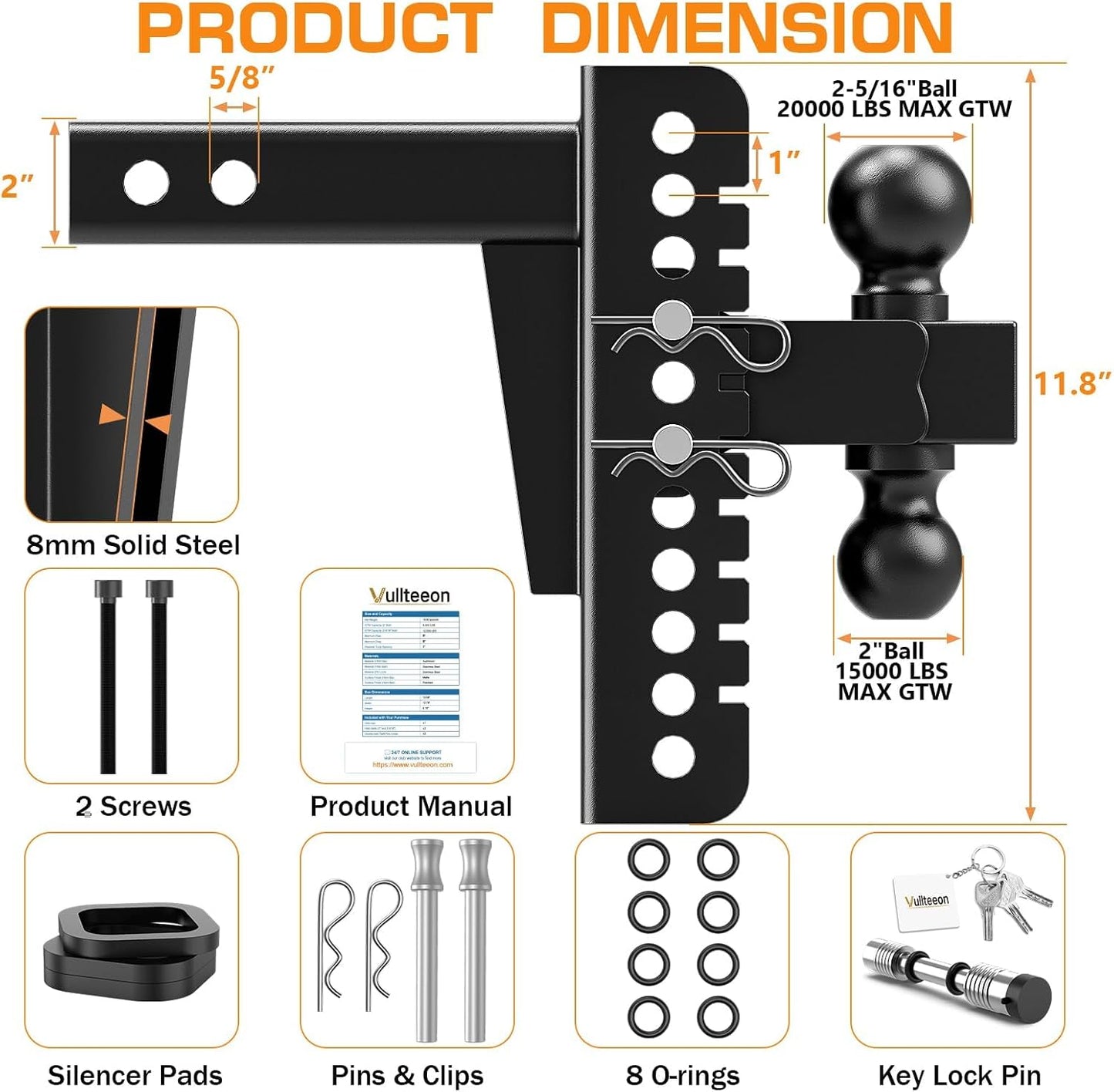 Adjustable Trailer Hitch, 8 Inch Drop for 2 Inch Receiver - Heavy Duty Alloy Steel Truck Hitch, Dual Ball Mount (2” & 2-5/16”), 20000 lbs GTW Tow Hitches, Slot-fit Design