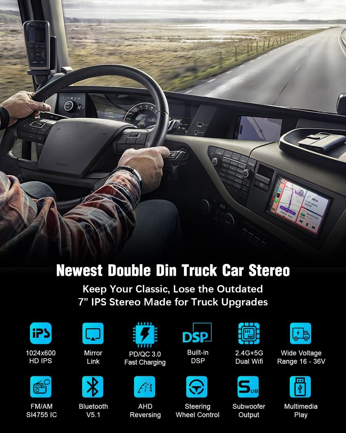 Radio for Truck, Double Din Car Stereo with Wireless Carplay & Android Auto, 7" Truck Radio Upgrade PD/QC 3.0 Fast Charging/16~36V/Bluetooth 5.1/AM/FM/DSP/SUB/SWC