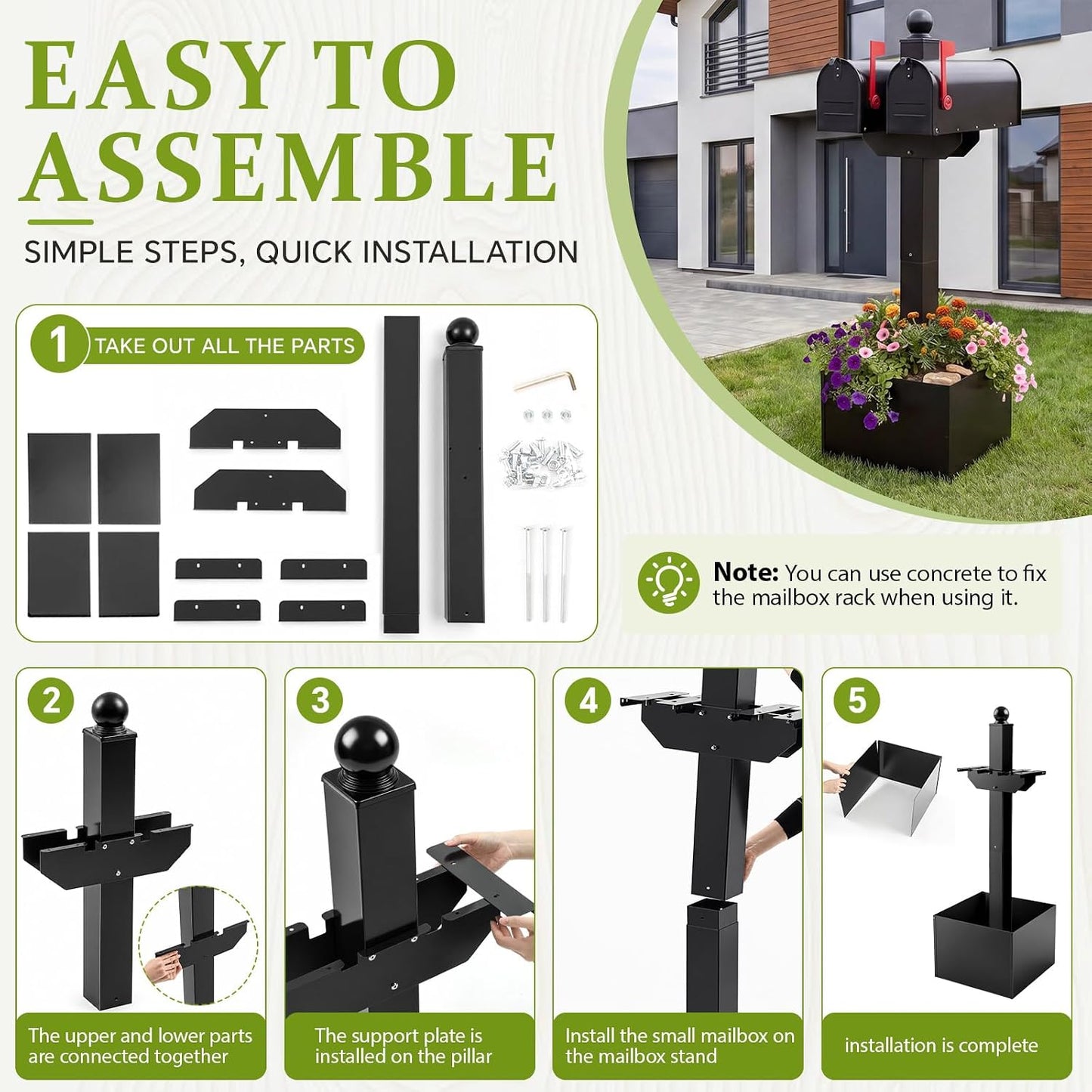 Colingmill Double Iron Mailbox Post with Planter Box for Outside, 65.35 x 4 x 4 Inch, Black Steel Mount for 2 Mailboxes, Heavy Duty Architectural Stand with Brackets (Mailbox Not Included)